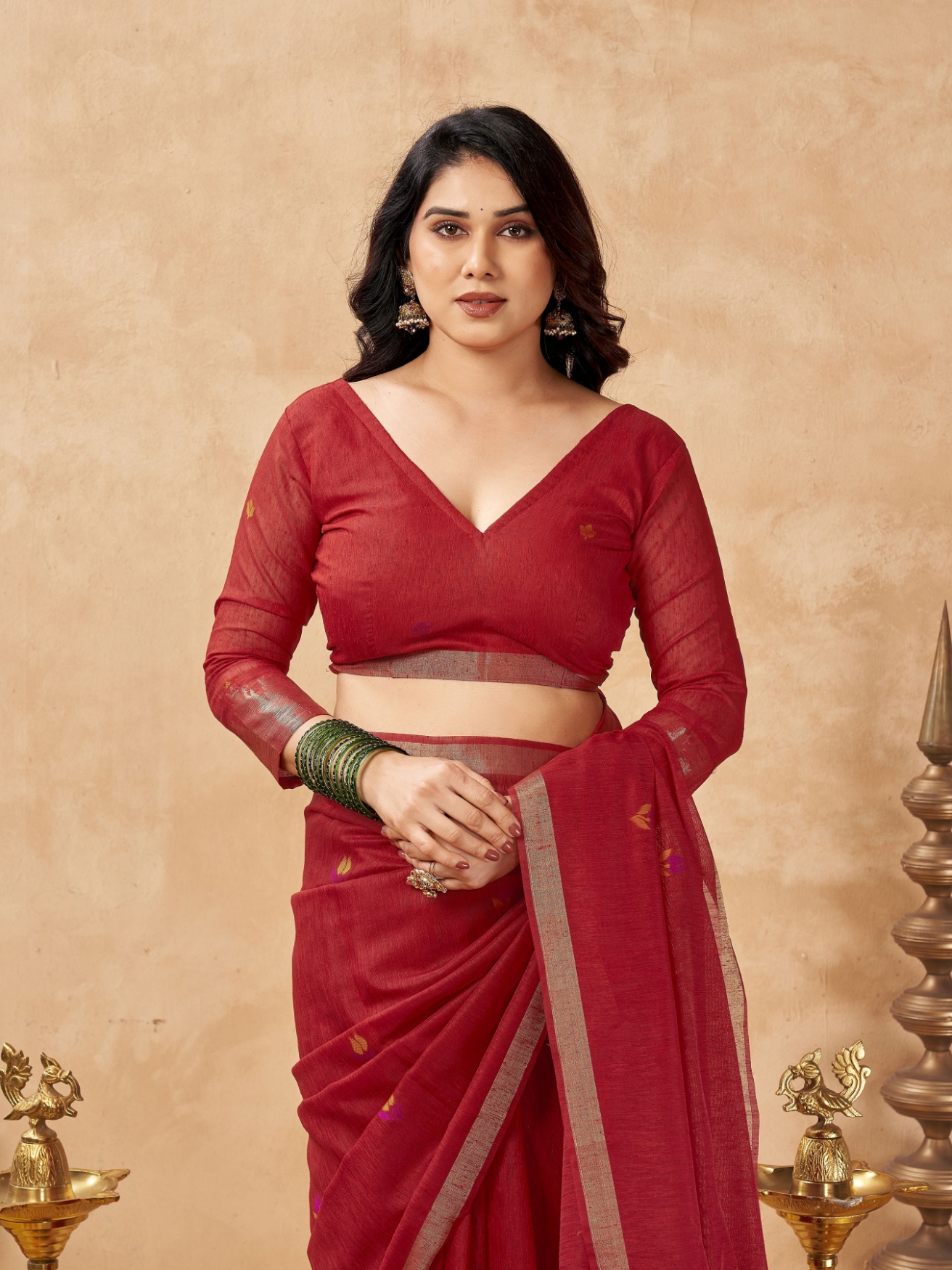 Red Weaving Zari Designer Linen Silk Saree
