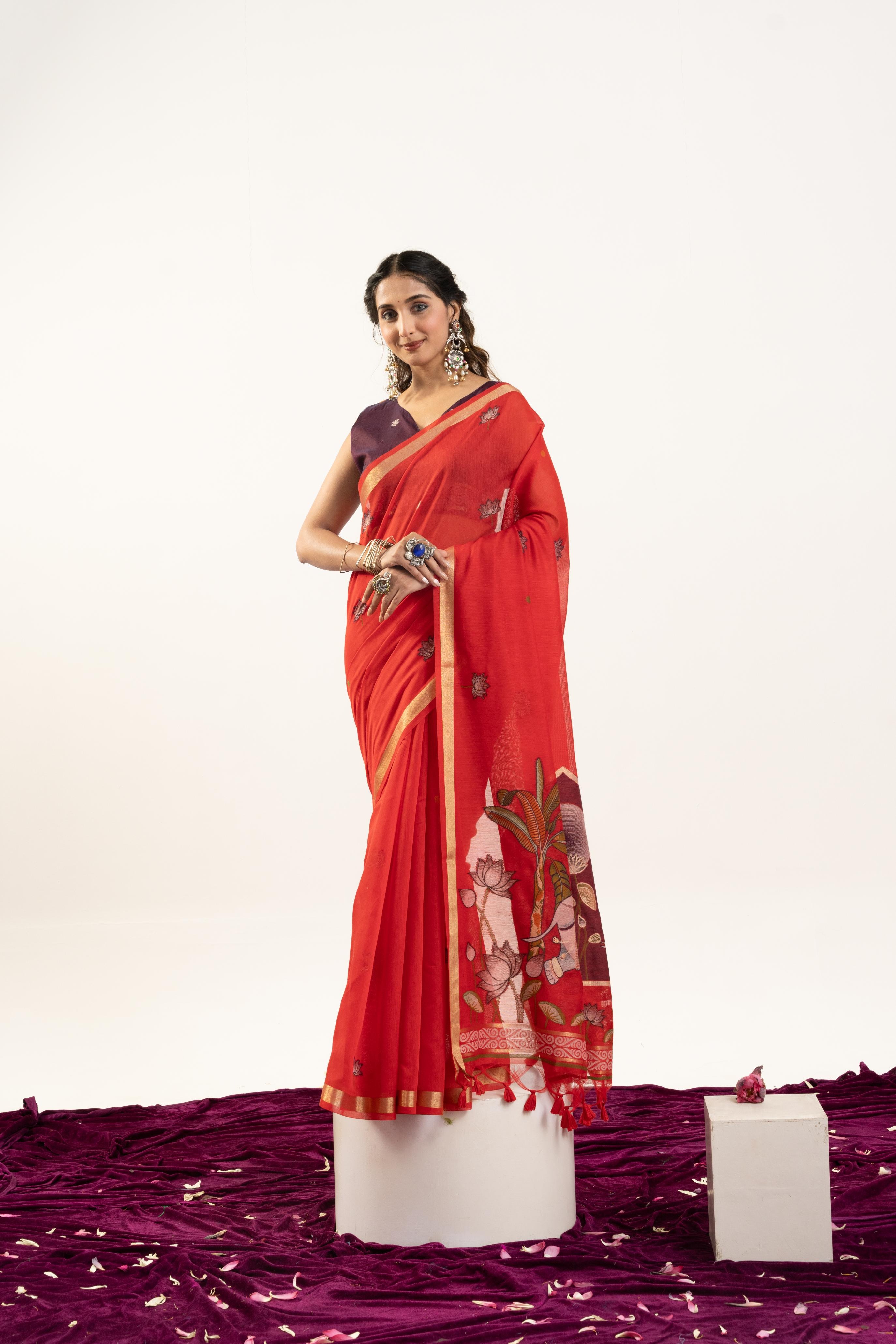 Red Wine Rajwadi Woven Muga Cotton Saree