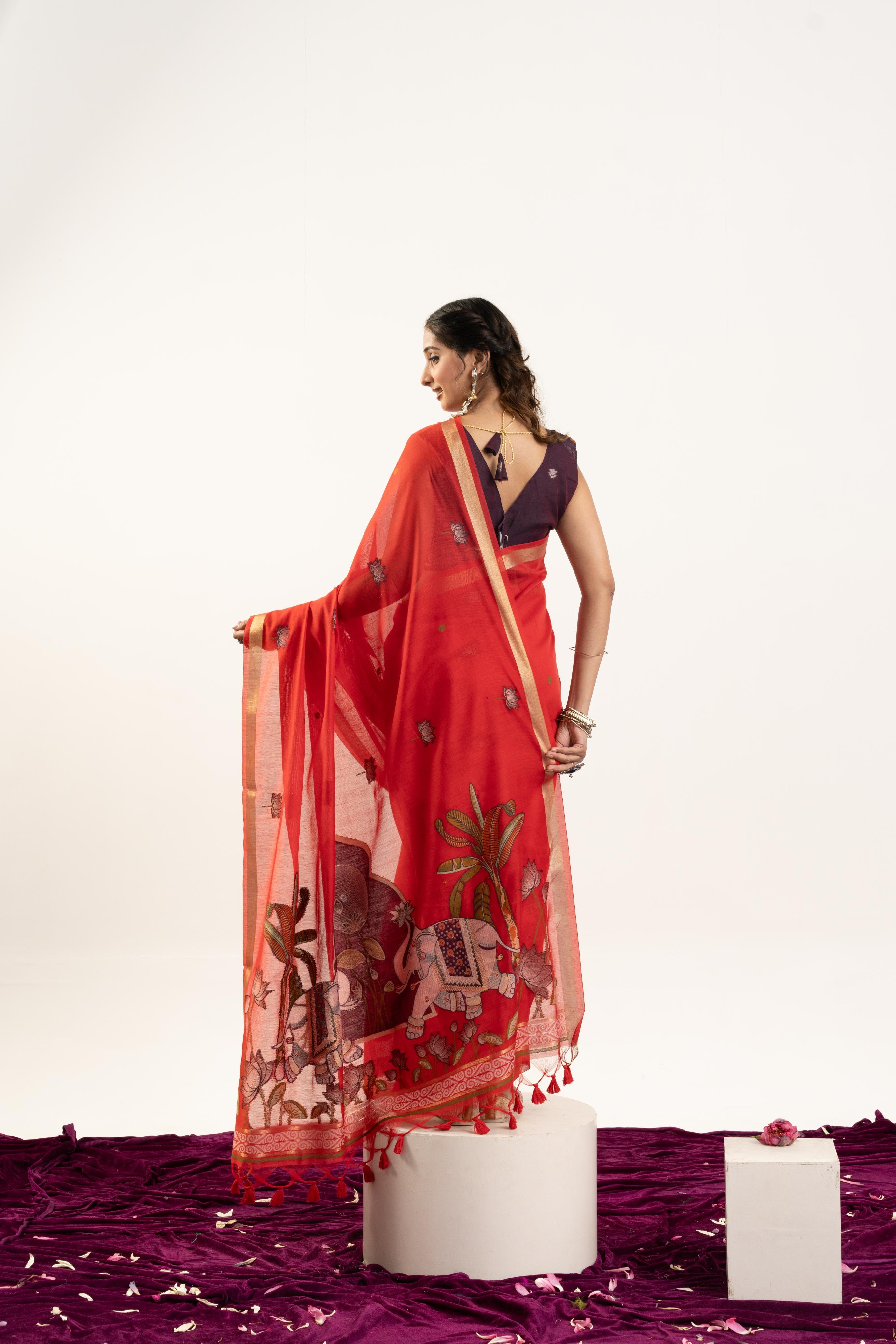 Red Wine Rajwadi Woven Muga Cotton Saree — alternate view