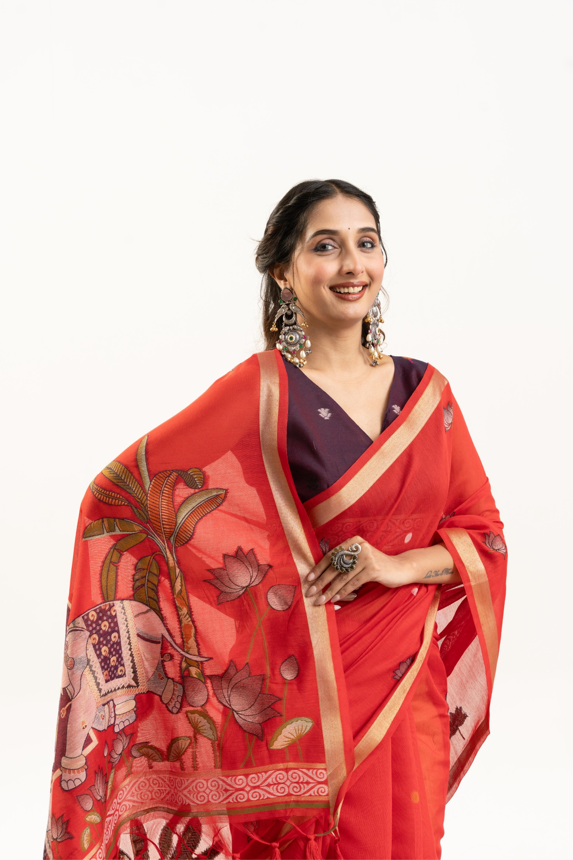 Red Wine Rajwadi Woven Muga Cotton Saree
