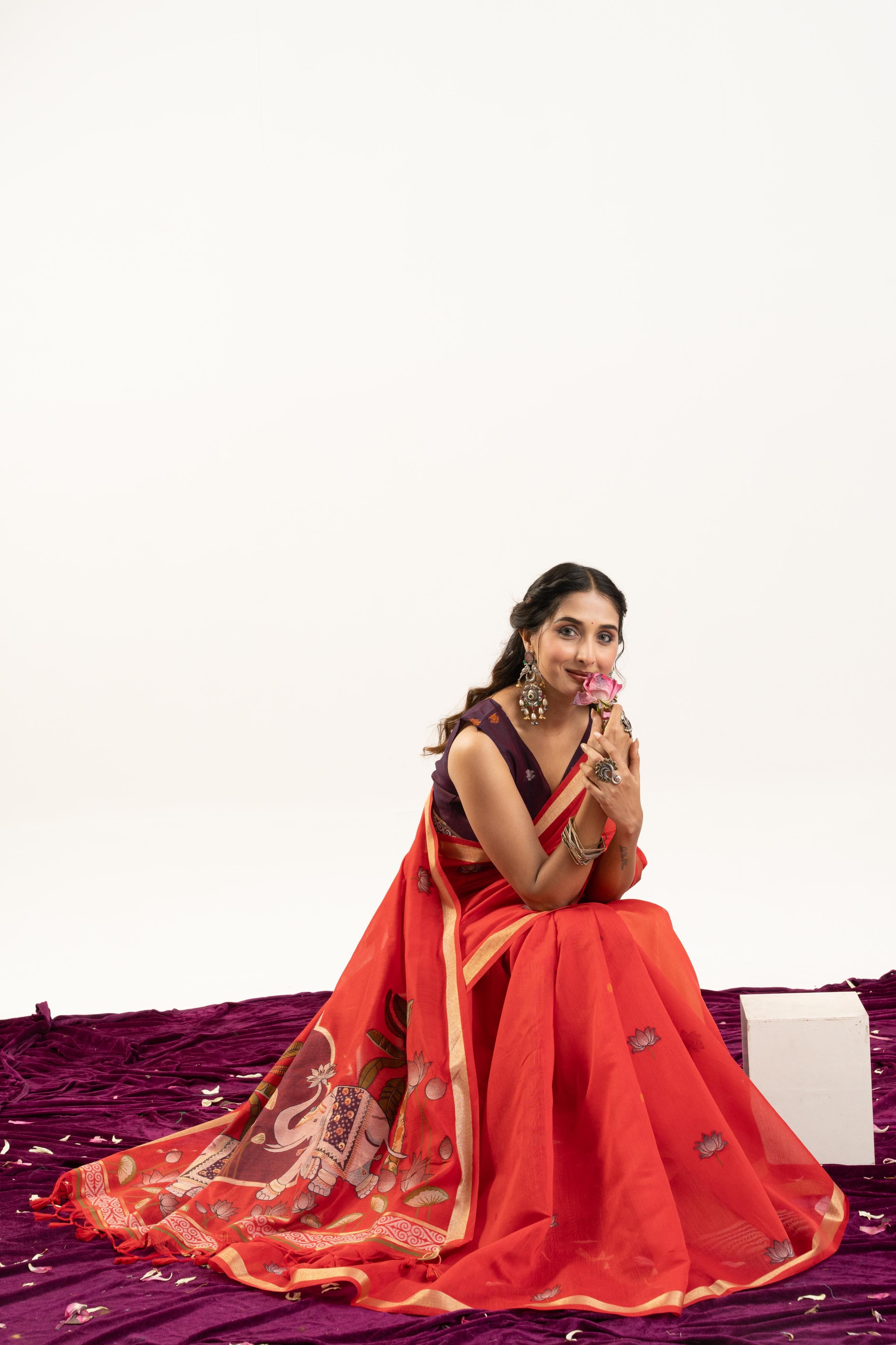 Red Wine Rajwadi Woven Muga Cotton Saree