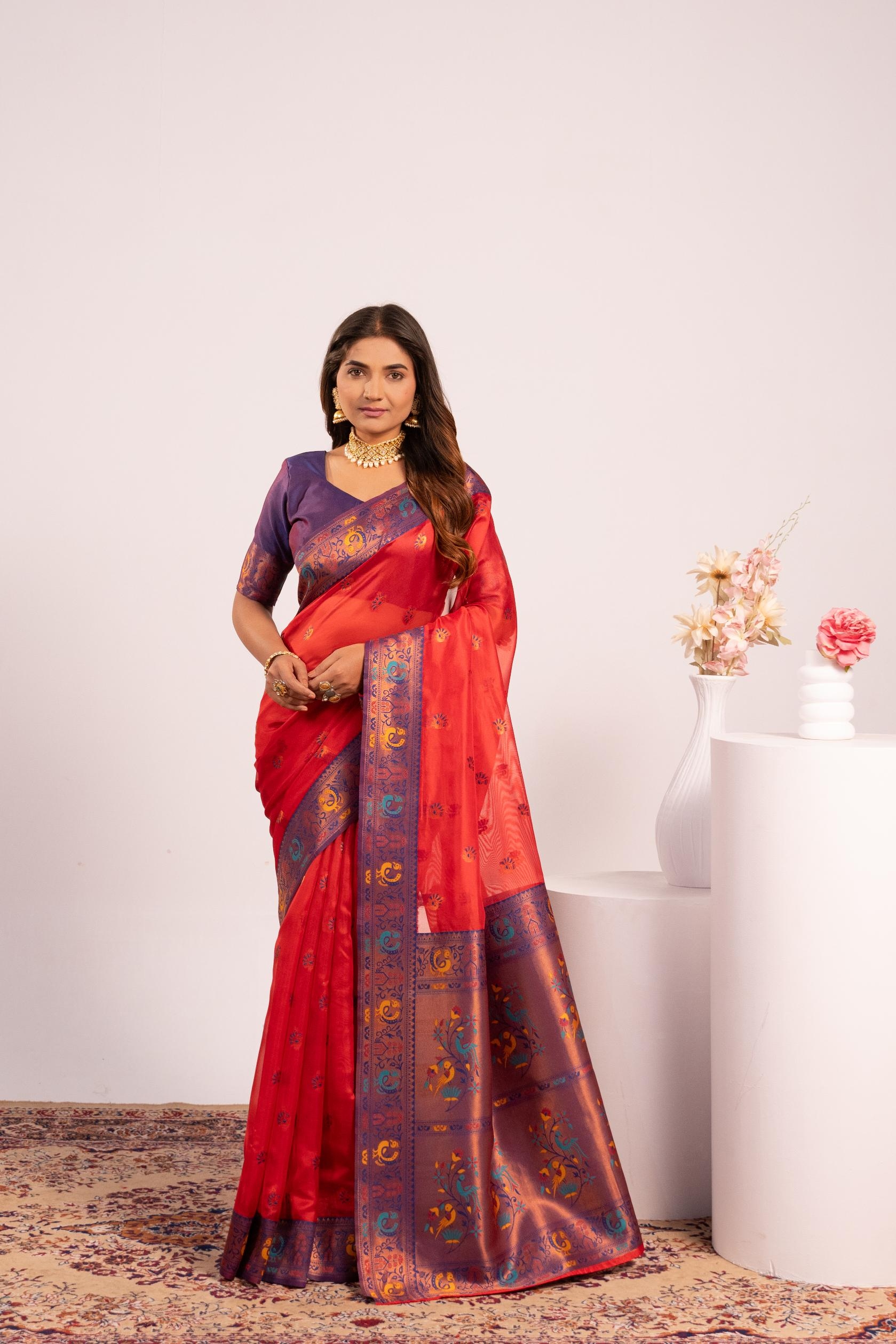 Red Woven Paithani Tissue Silk Saree