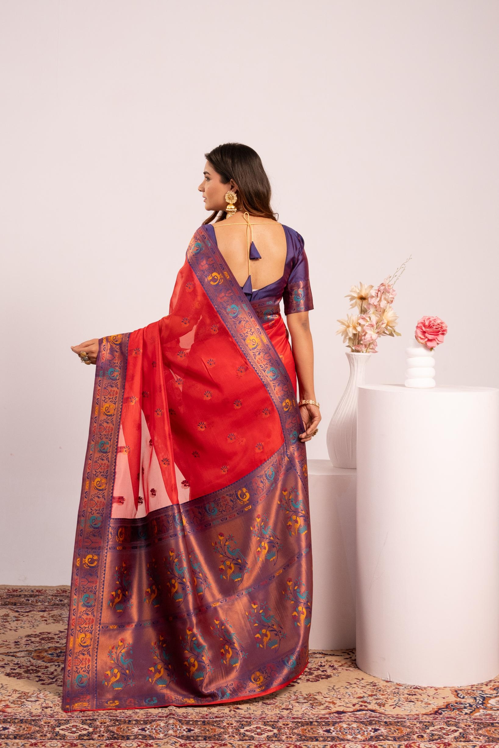Red Woven Paithani Tissue Silk Saree — alternate view