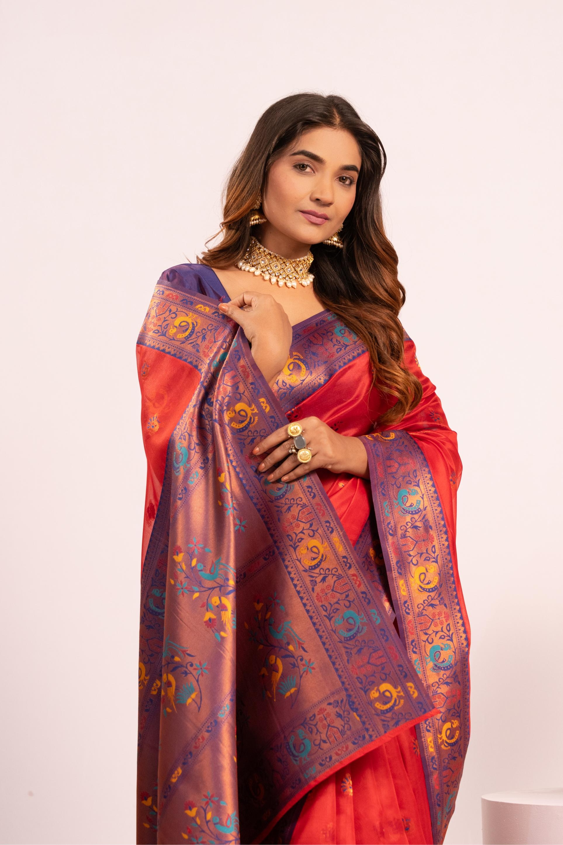Red Woven Paithani Tissue Silk Saree