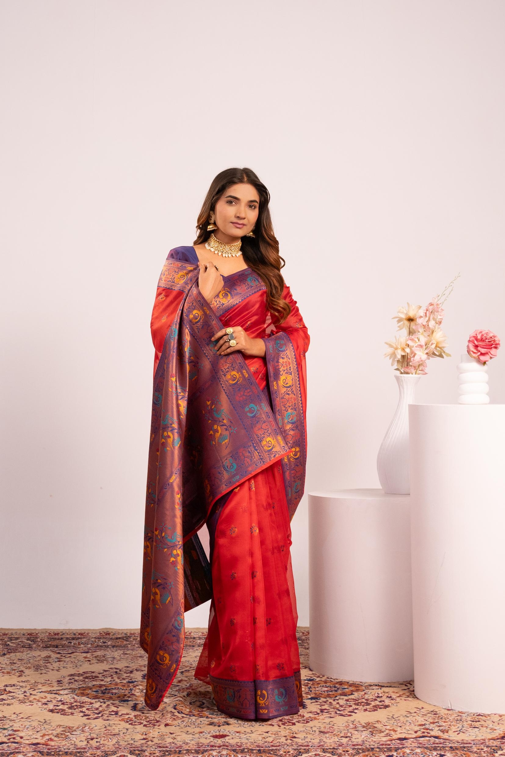 Red Woven Paithani Tissue Silk Saree