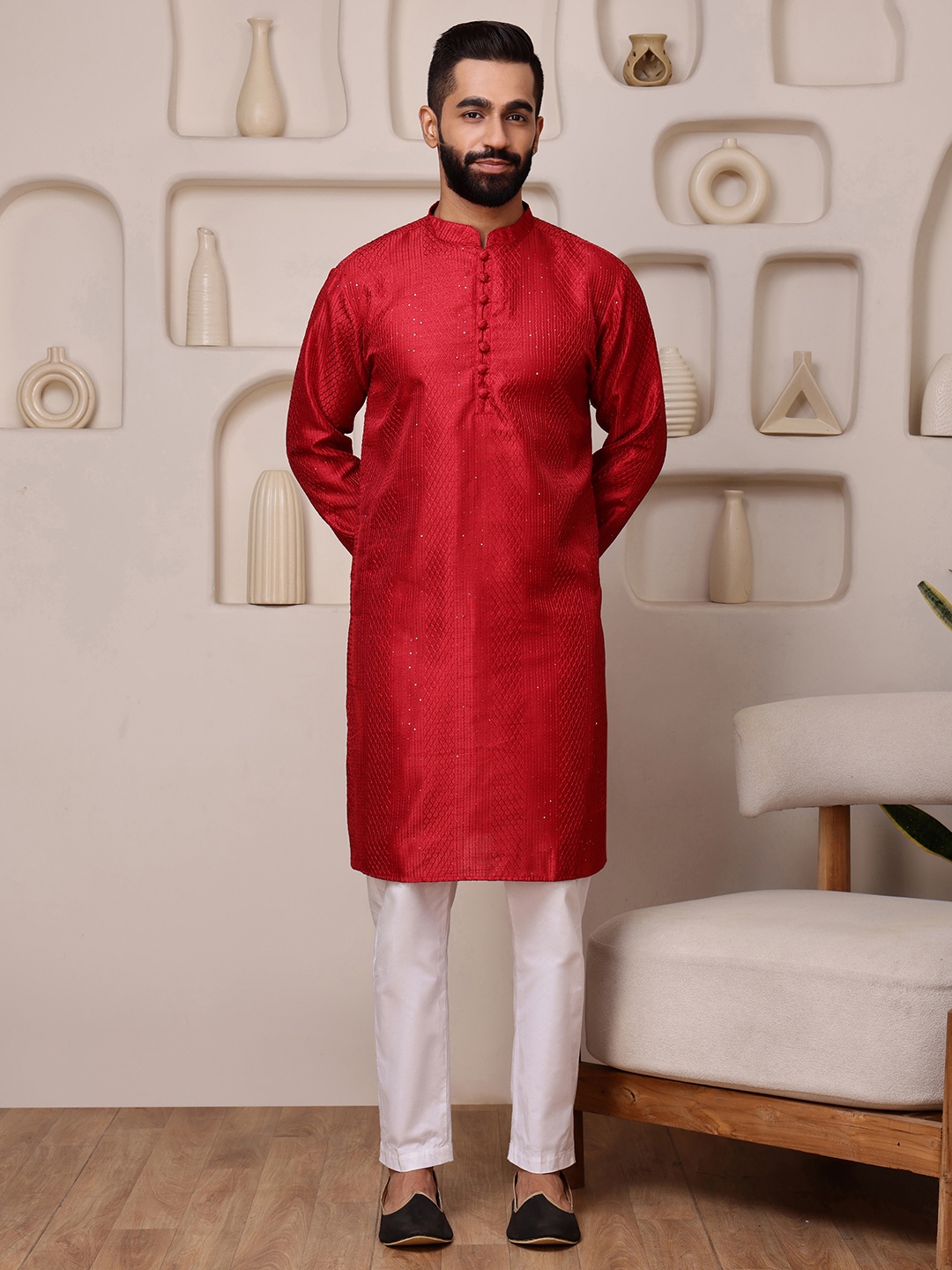 Red Woven Sequence Embroidery Cotton Blend Kurta Pyjama