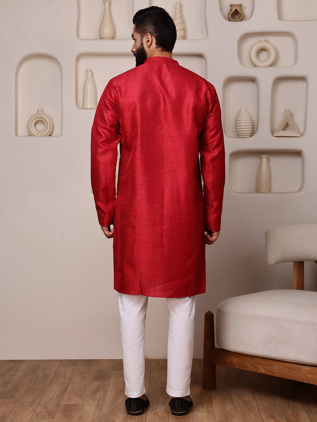Red Woven Sequence Embroidery Cotton Blend Kurta Pyjama — alternate view