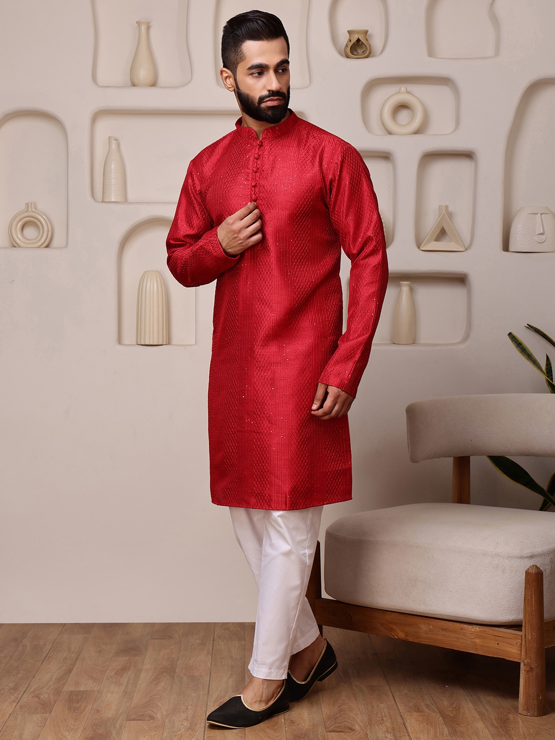 Red Woven Sequence Embroidery Cotton Blend Kurta Pyjama
