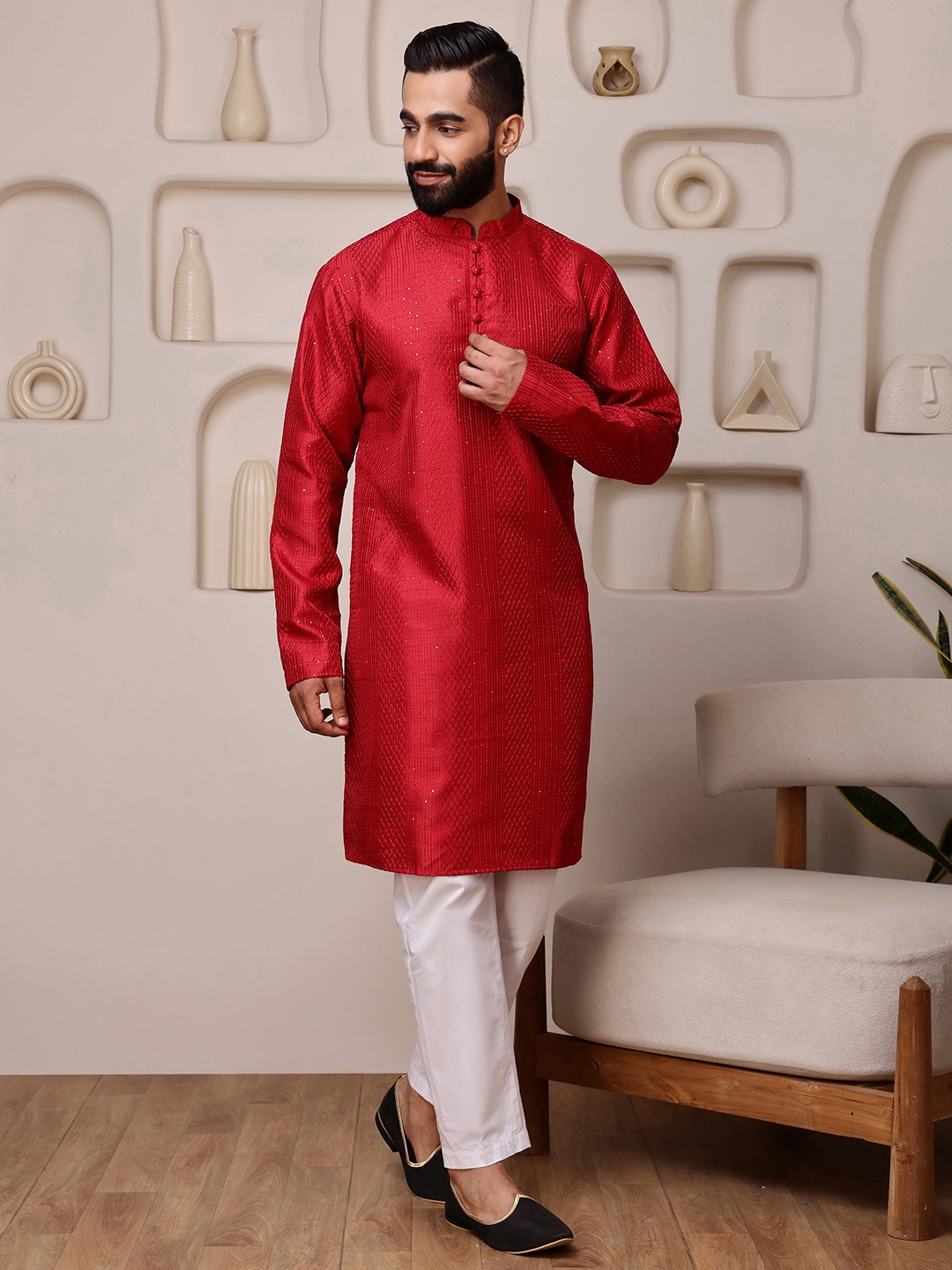 Red Woven Sequence Embroidery Cotton Blend Kurta Pyjama