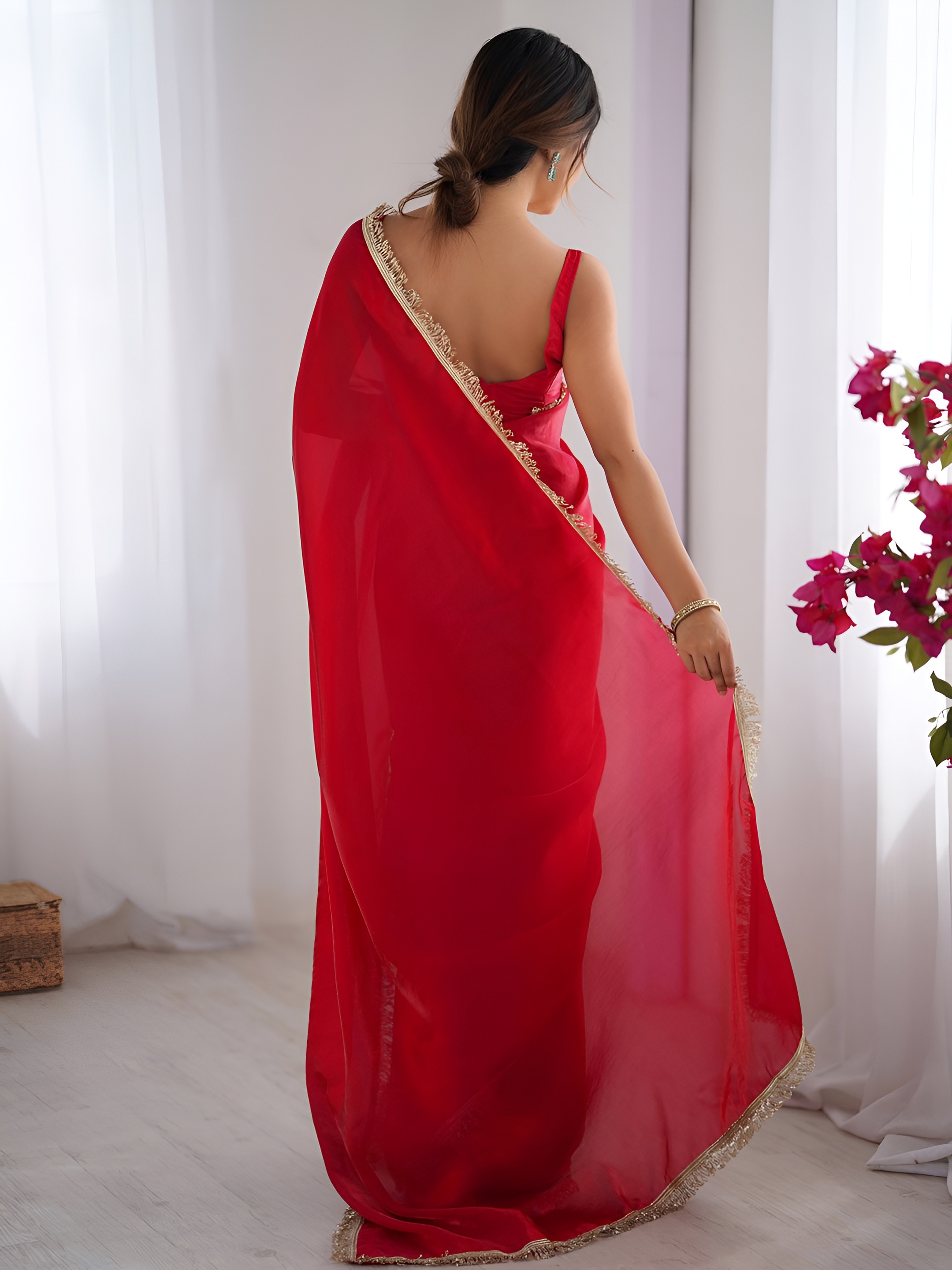 Red Zalar Lace Border Space Silk Saree — alternate view