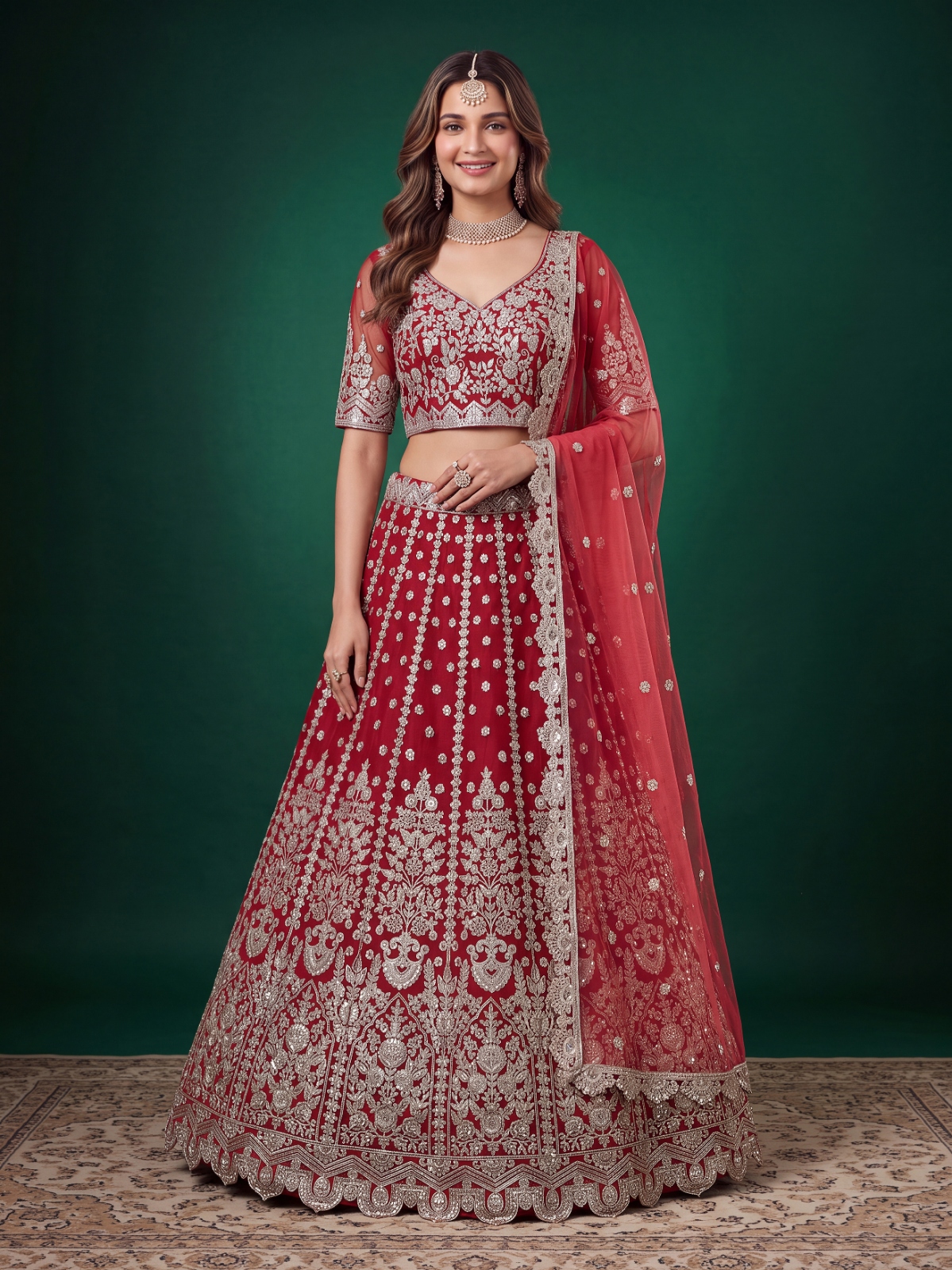 Red Zari Dori Soft Net Panelled Bridal Lehenga Choli
