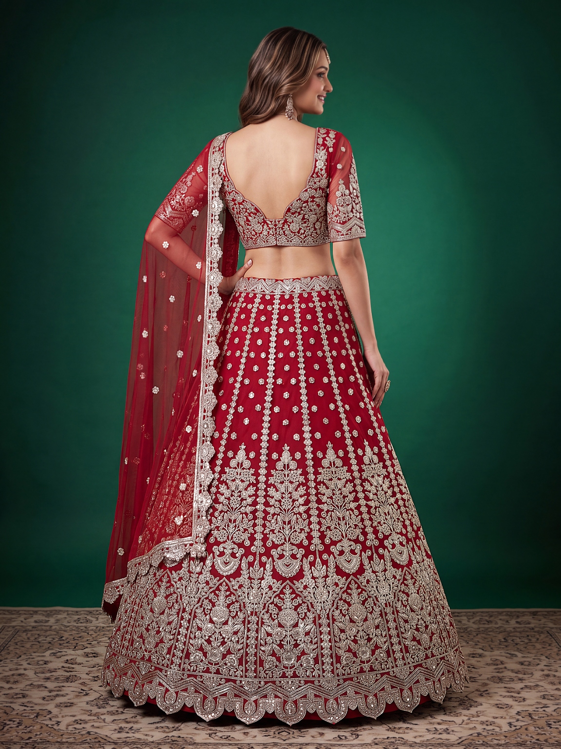 Red Zari Dori Soft Net Panelled Bridal Lehenga Choli — alternate view