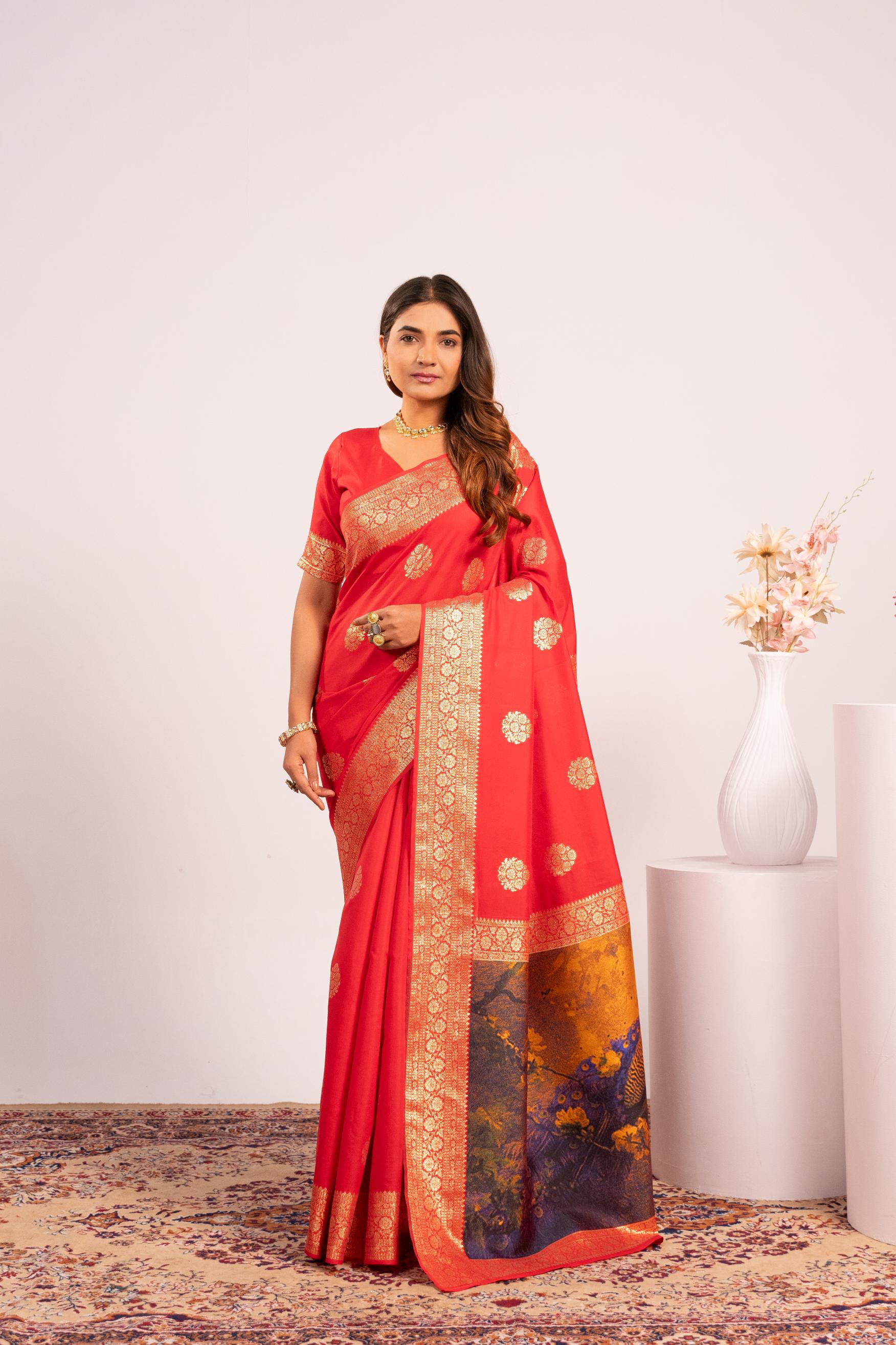 Red Zari Resham Work Banarasi Silk Saree