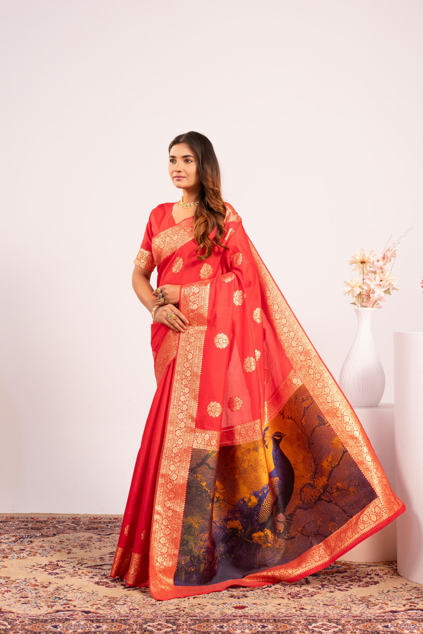 Red Zari Resham Work Banarasi Silk Saree