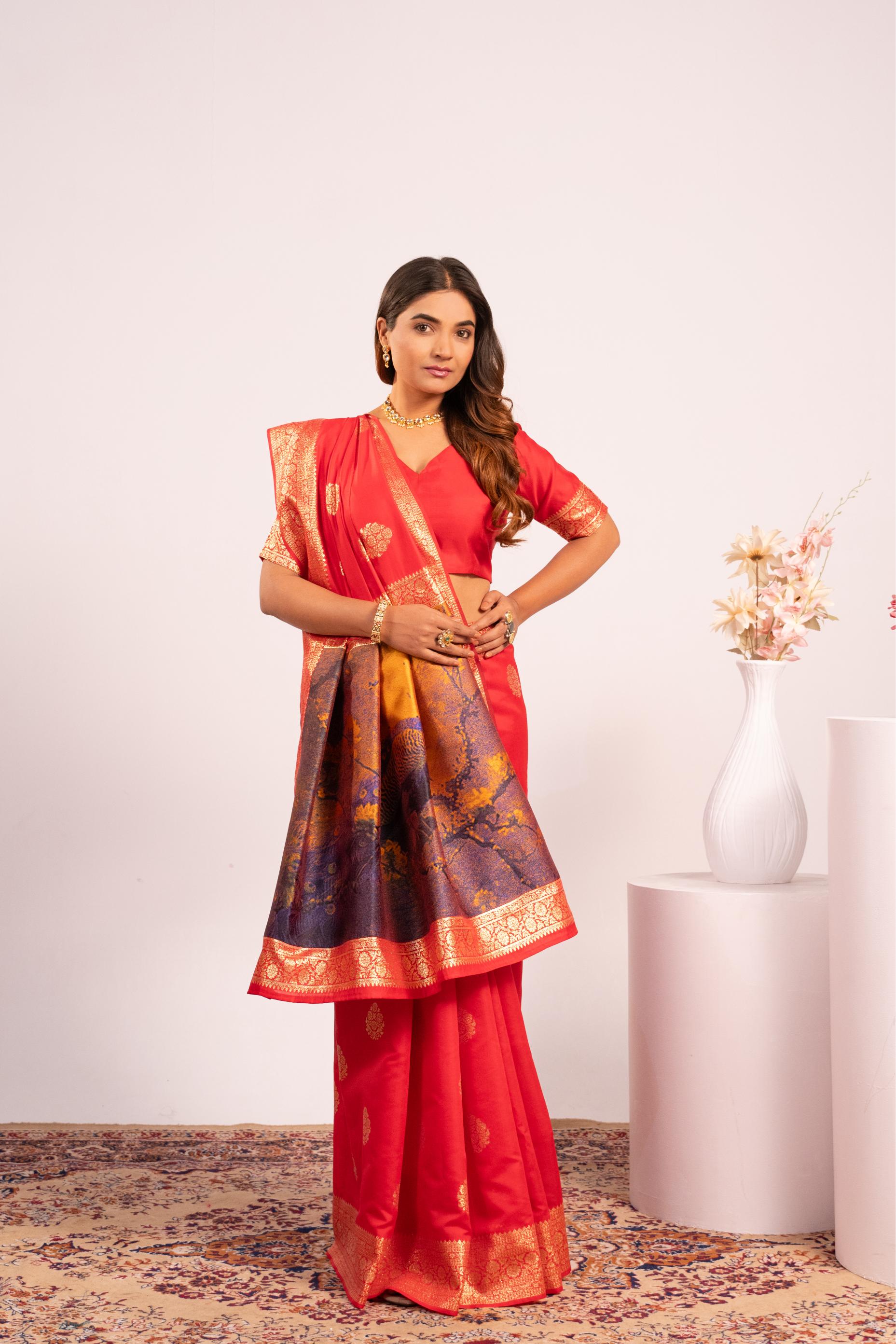 Red Zari Resham Work Banarasi Silk Saree