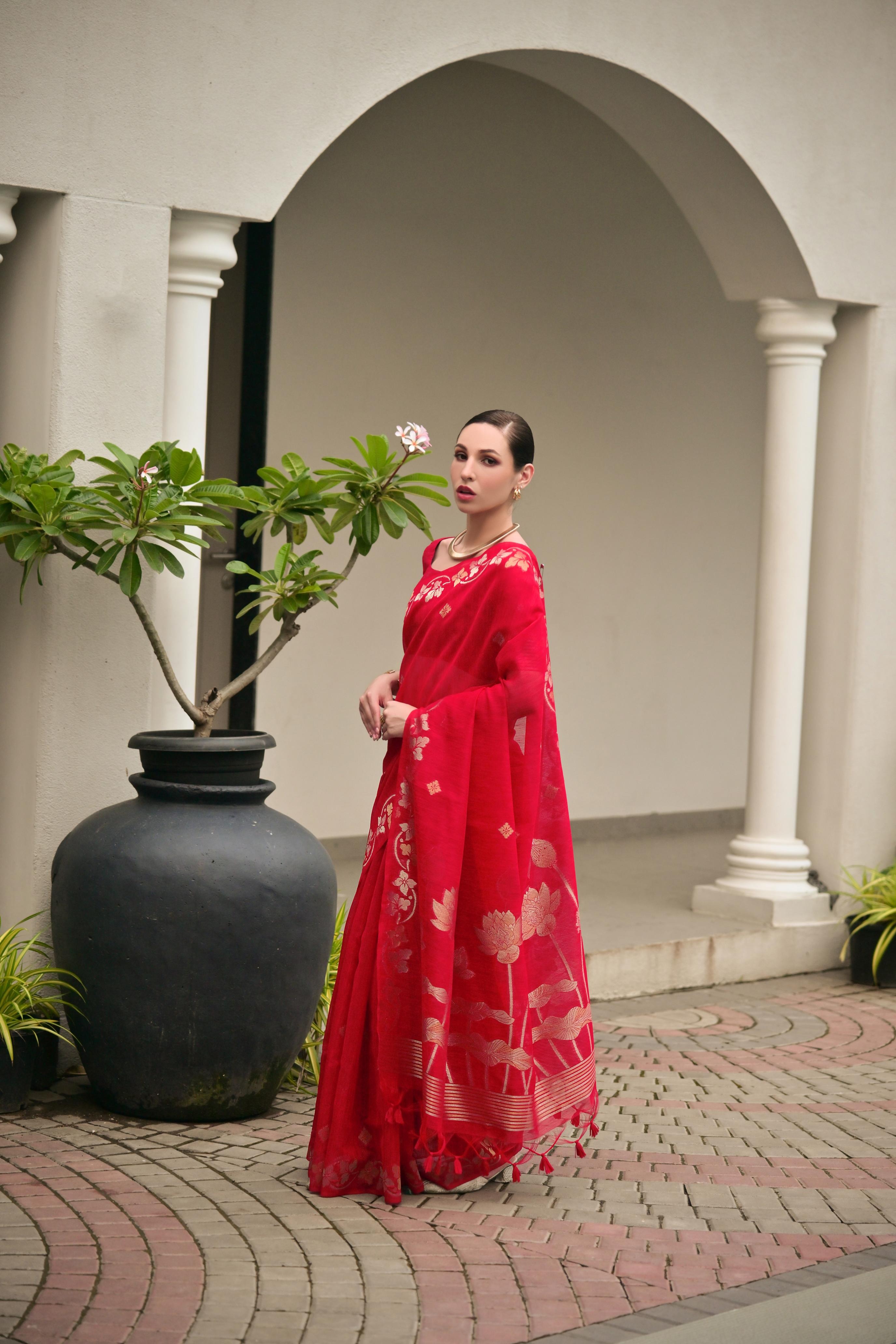 Red Zari Woven Jute Linen Silk Saree