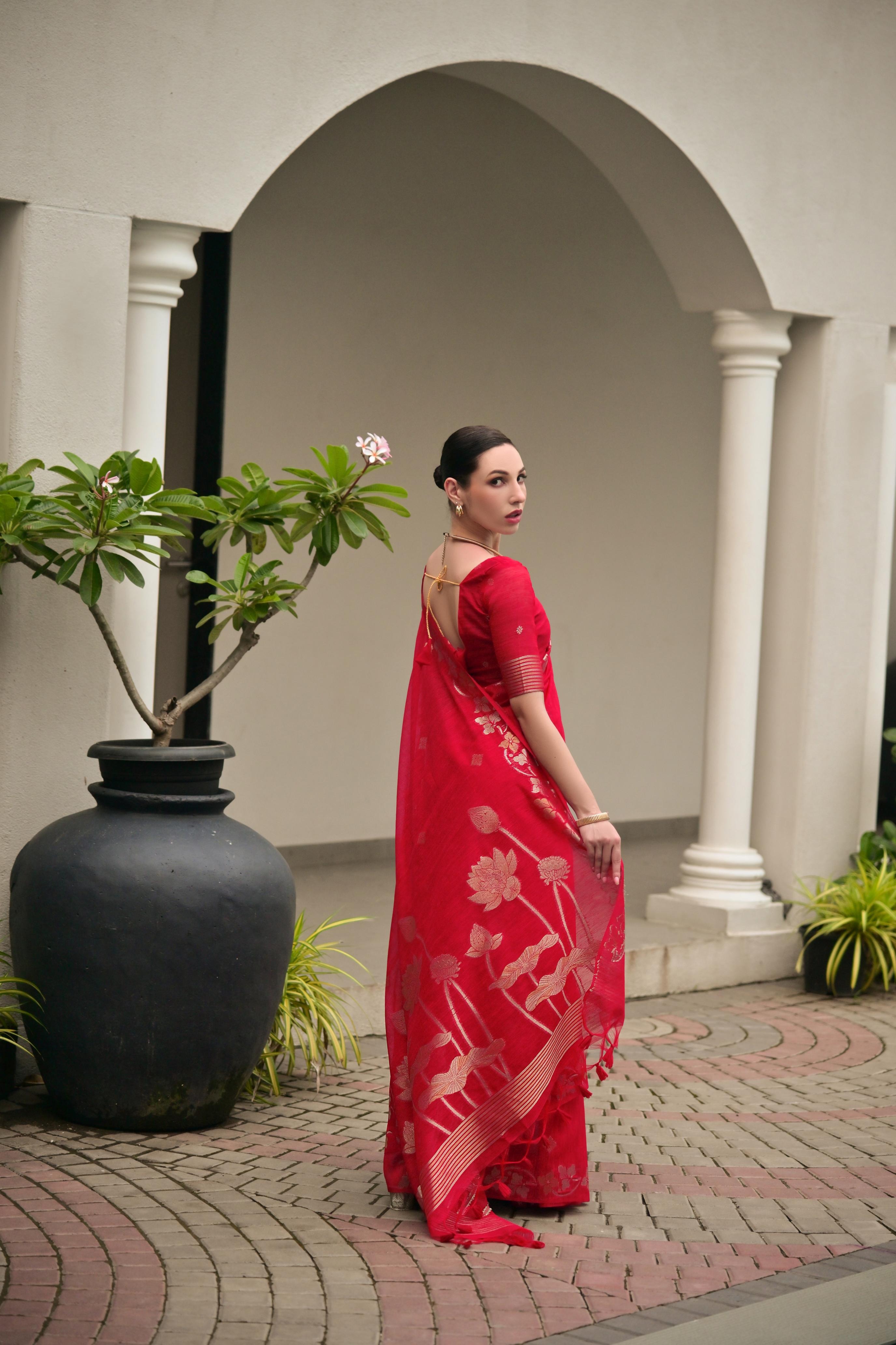 Red Zari Woven Jute Linen Silk Saree — alternate view