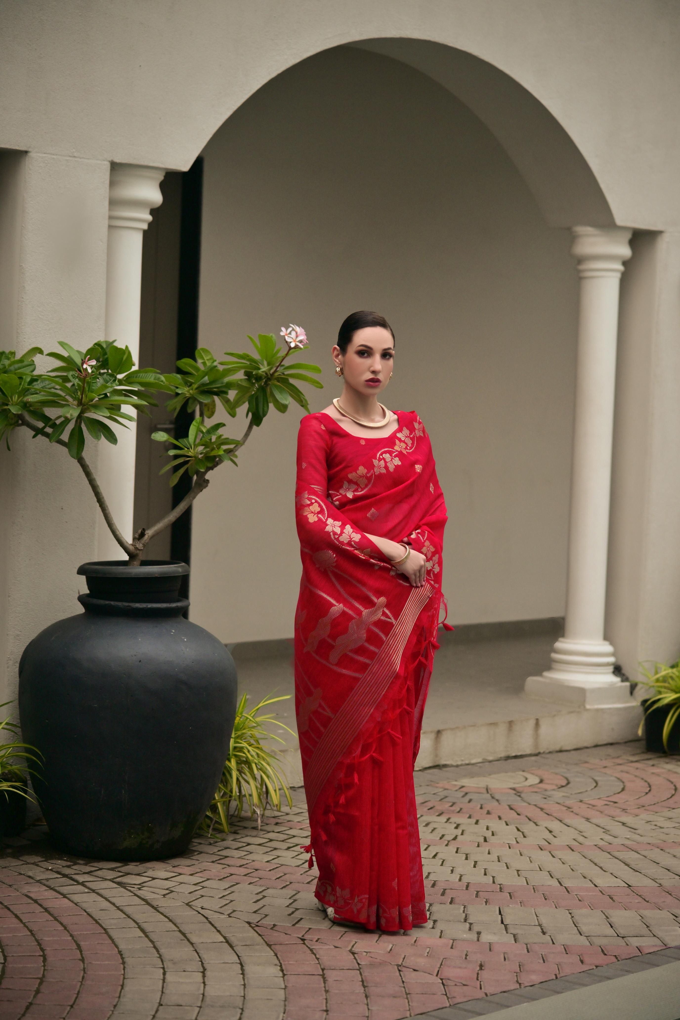 Red Zari Woven Jute Linen Silk Saree