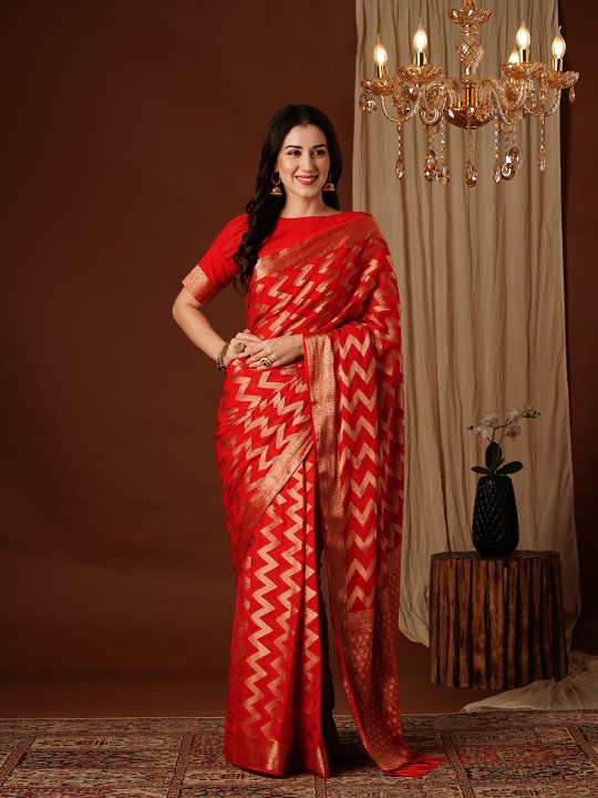 Red Zigzag Zari Woven Georgette Saree