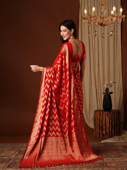 Red Zigzag Zari Woven Georgette Saree — alternate view