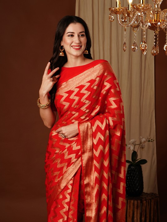 Red Zigzag Zari Woven Georgette Saree