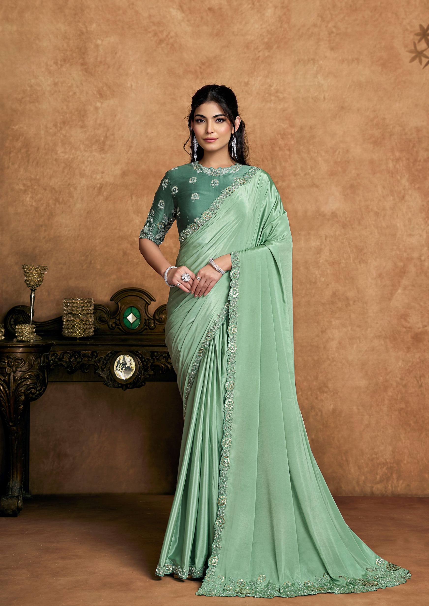 Refined Pista Green Crepe Satin Designer Saree