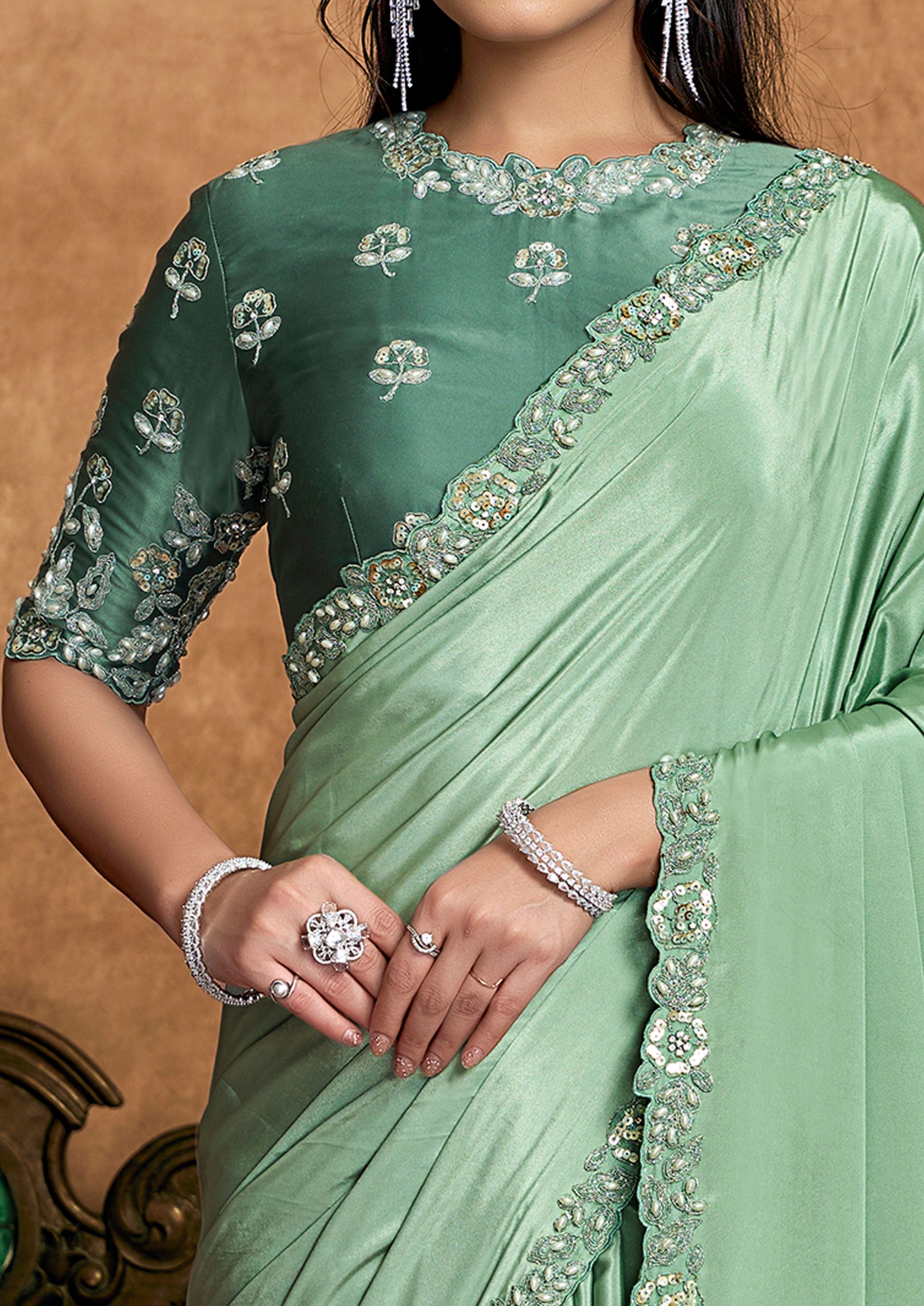 Refined Pista Green Crepe Satin Designer Saree — alternate view