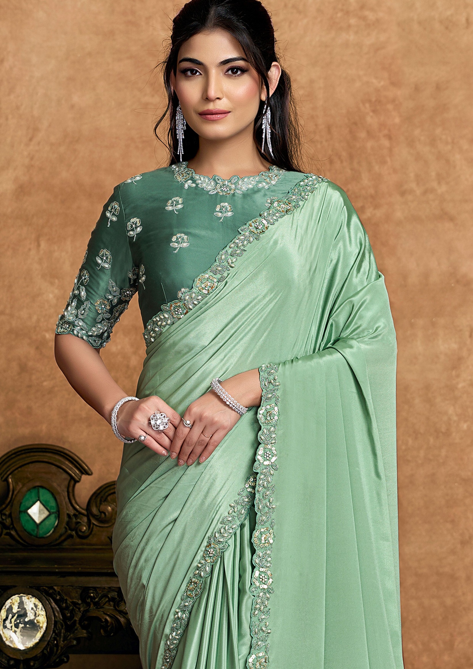 Refined Pista Green Crepe Satin Designer Saree