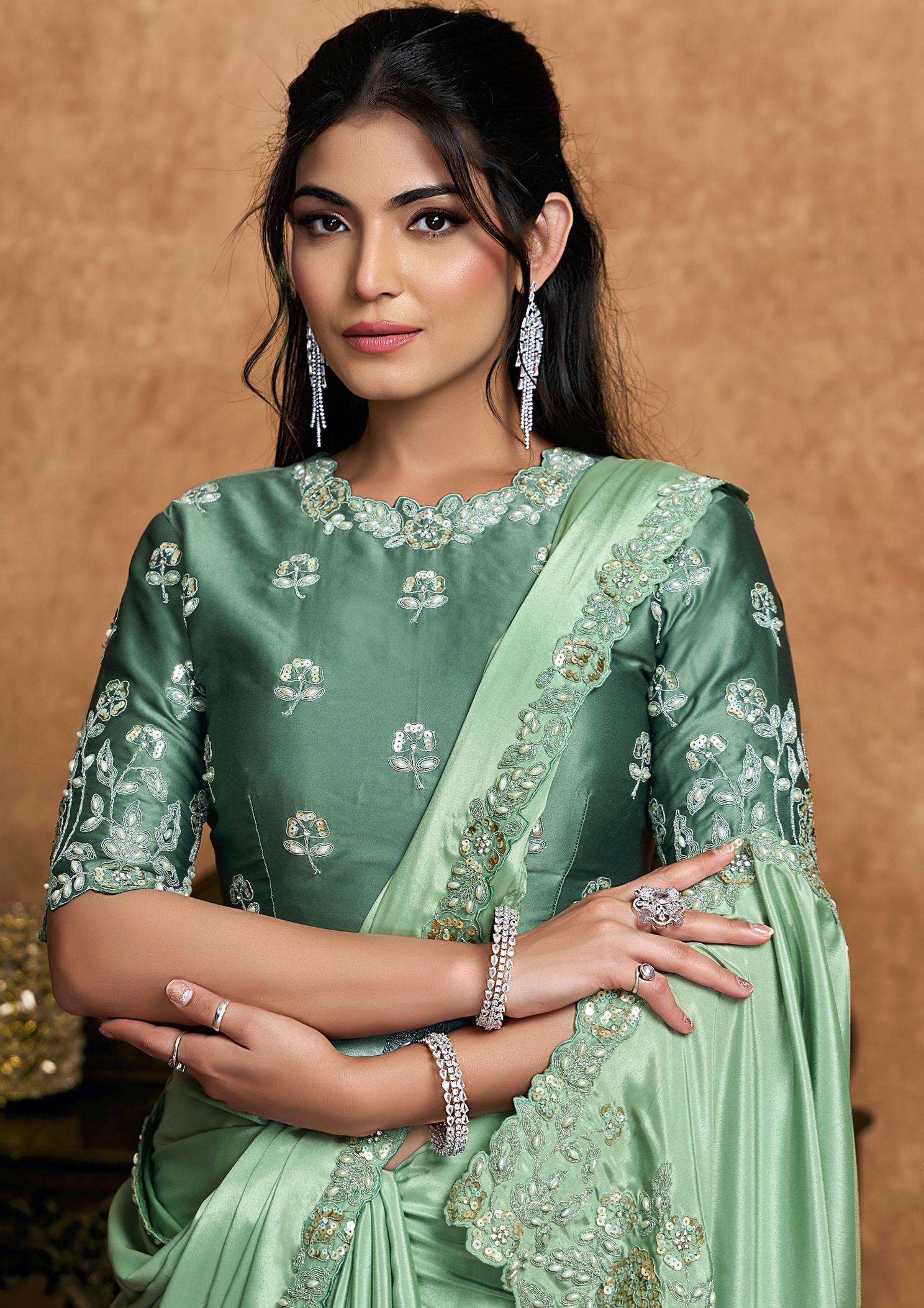 Refined Pista Green Crepe Satin Designer Saree