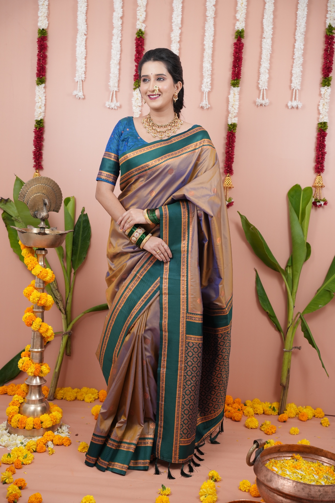 Regal Beige Teal Jacquard Soft Silk Saree