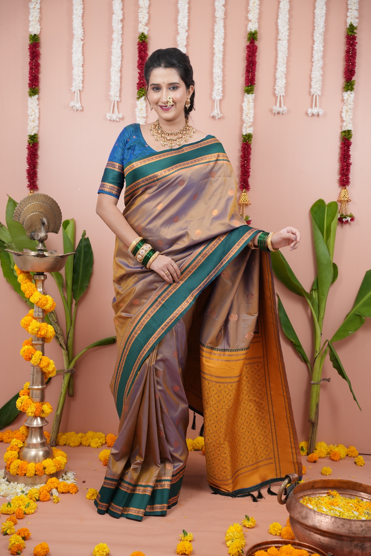 Regal Beige Teal Jacquard Soft Silk Saree — alternate view