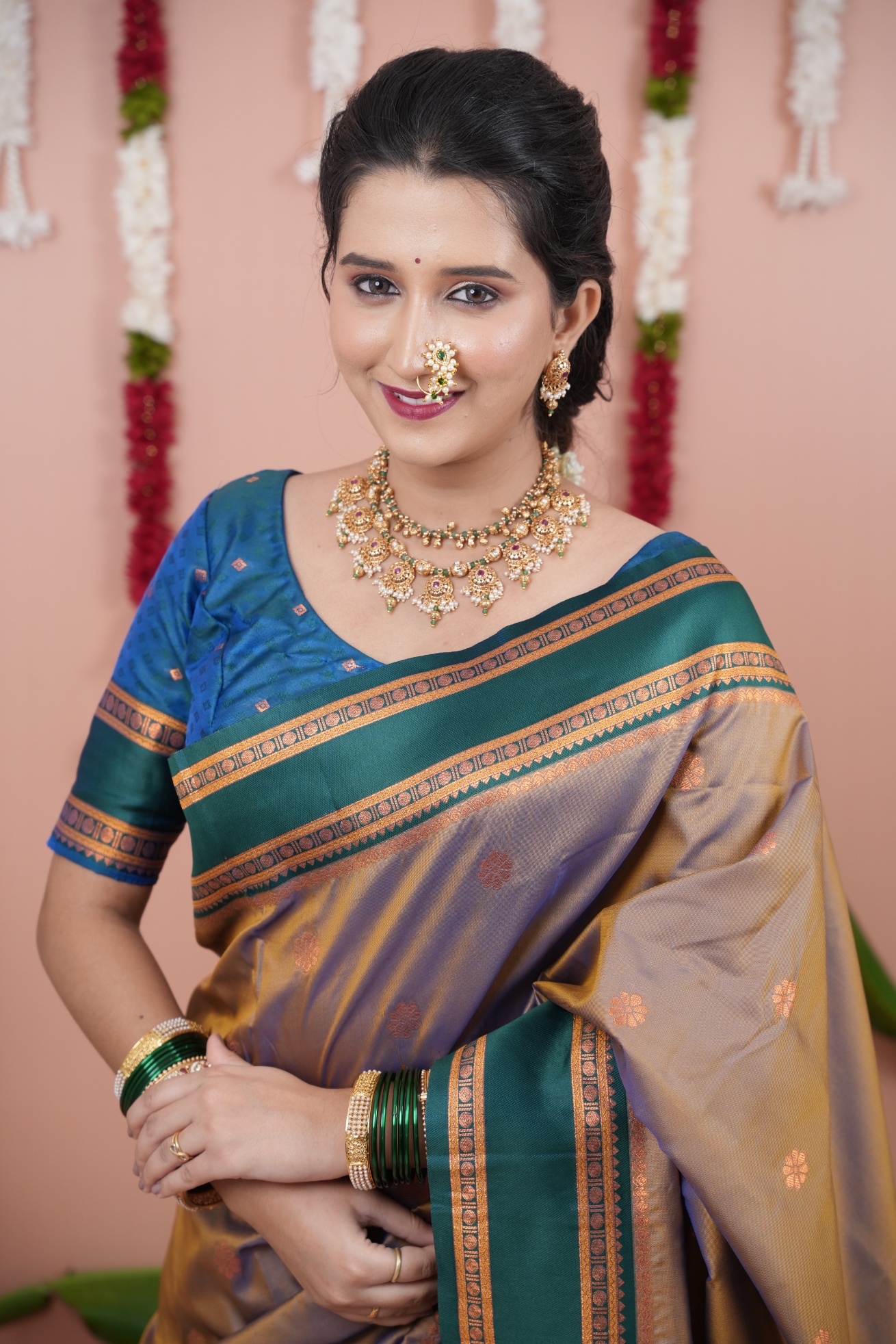 Regal Beige Teal Jacquard Soft Silk Saree