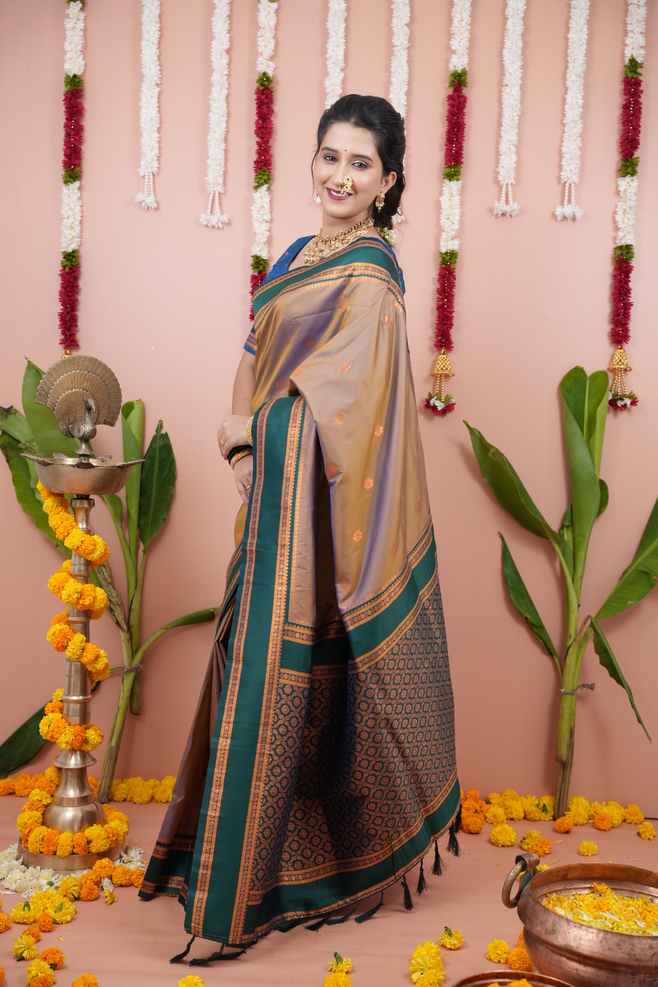 Regal Beige Teal Jacquard Soft Silk Saree