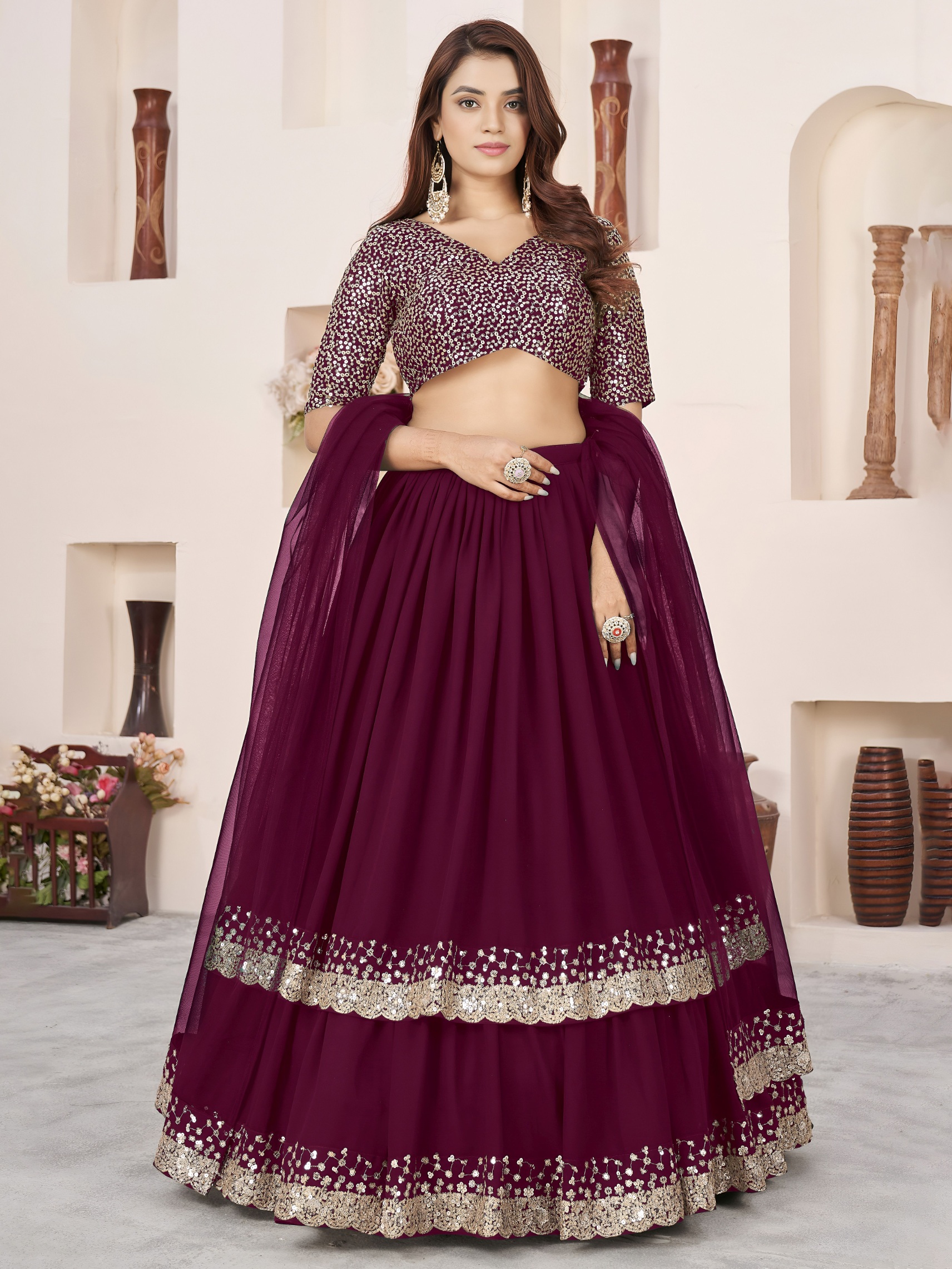 Regal Purple Zari Embroidered Layered Lehenga Choli
