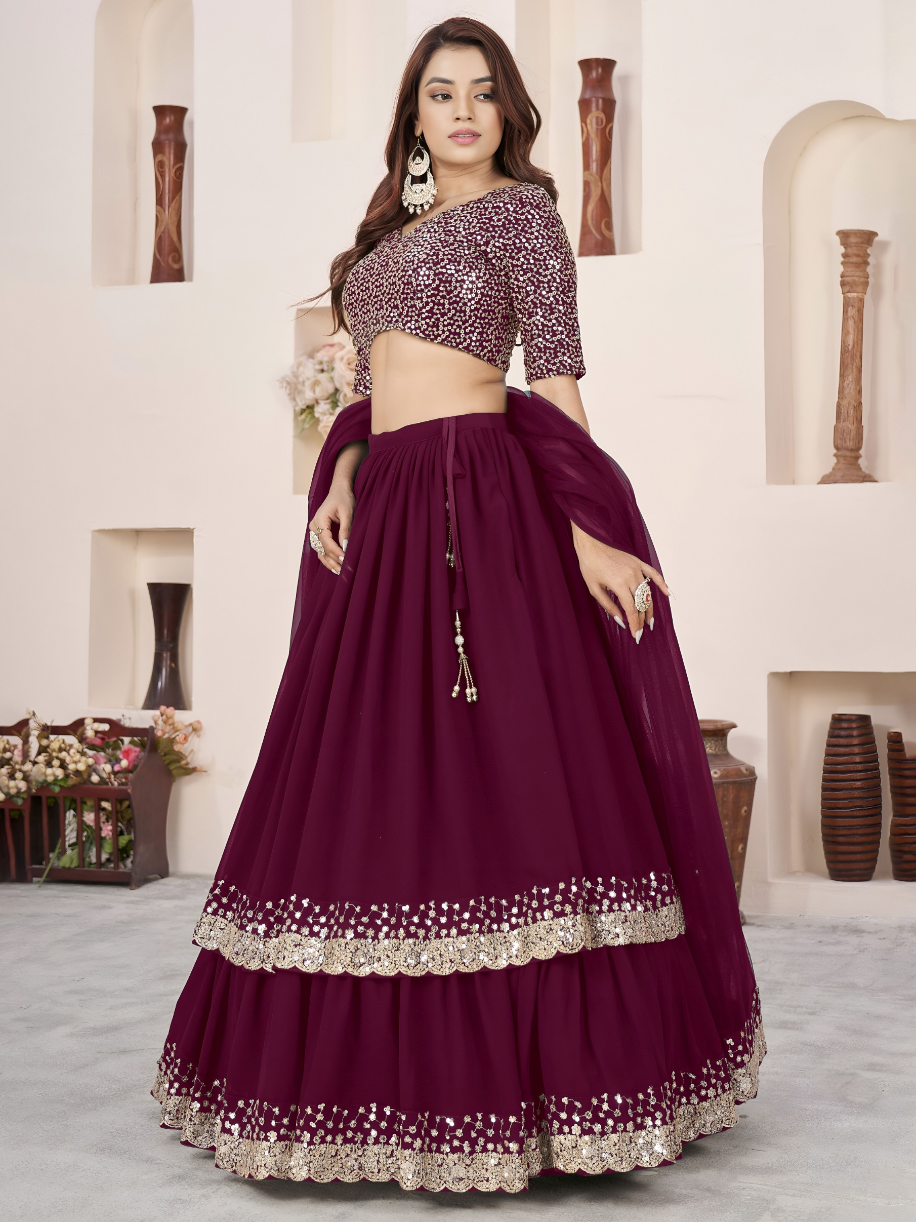 Regal Purple Zari Embroidered Layered Lehenga Choli