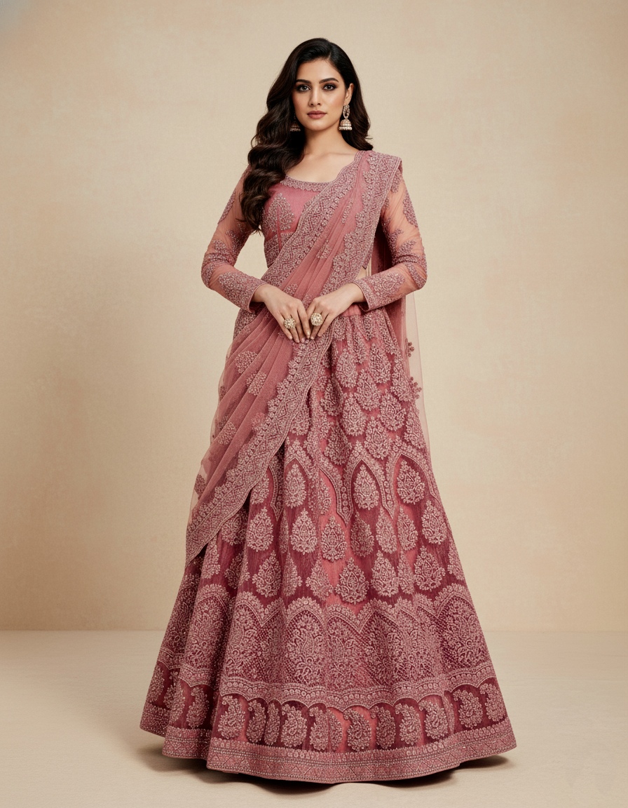 Rose Pink Embroidered Net Flared Lehenga Set