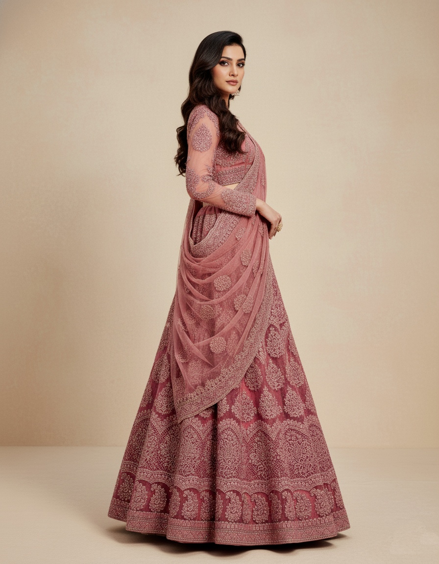 Rose Pink Embroidered Net Flared Lehenga Set — alternate view