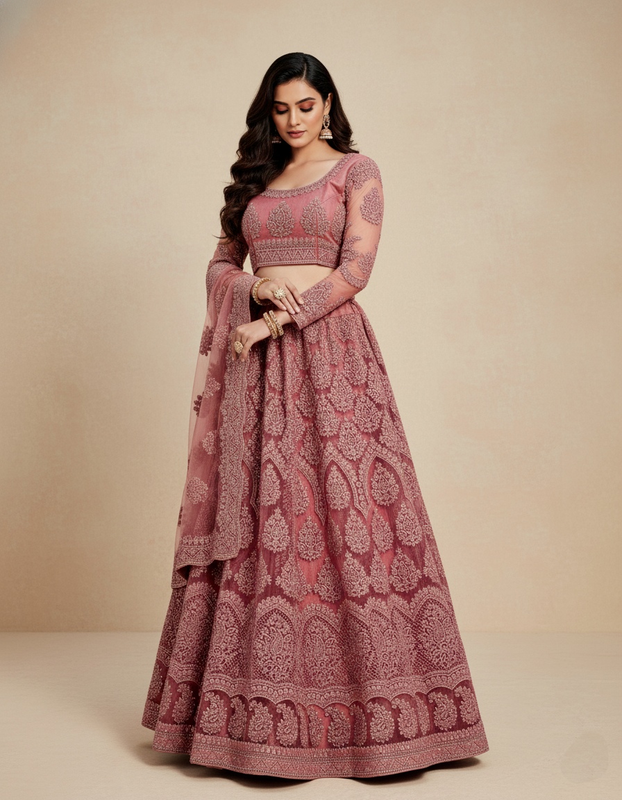 Rose Pink Embroidered Net Flared Lehenga Set