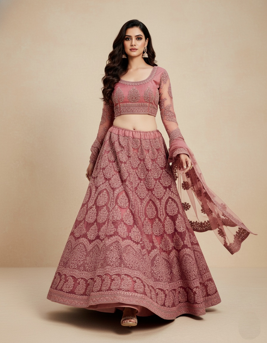 Rose Pink Embroidered Net Flared Lehenga Set