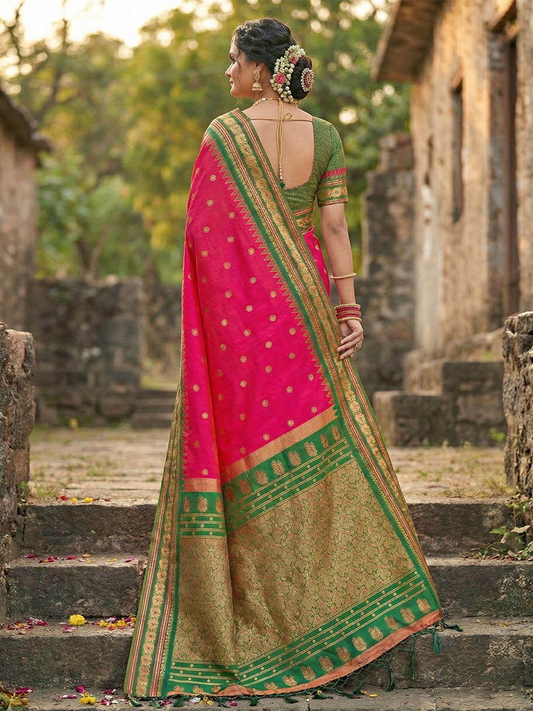 Rose Pink Festive Weaving Soft Silk Saree — alternate view