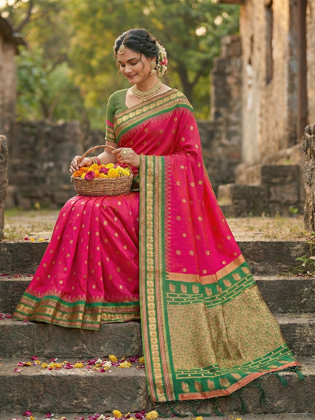 Rose Pink Festive Weaving Soft Silk Saree