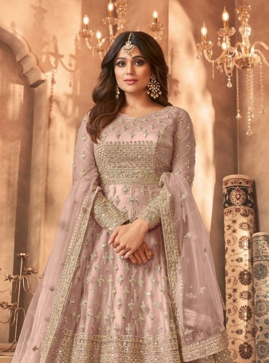 Rose Pink Floral Embroidered Net Anarkali Suit — alternate view