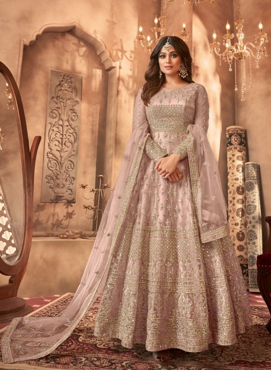 Rose Pink Floral Embroidered Net Anarkali Suit