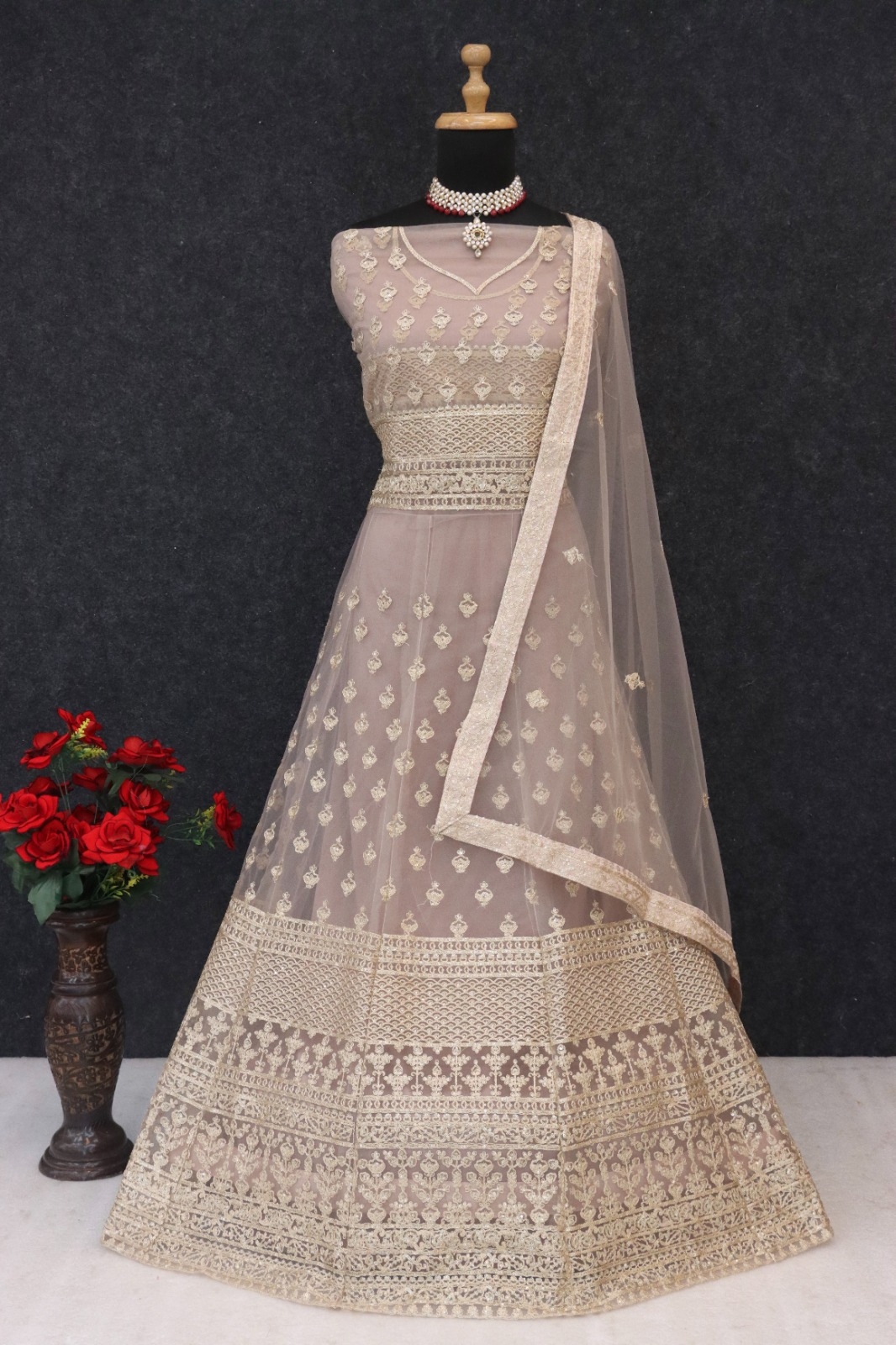 Rose Pink Floral Embroidered Net Anarkali Suit