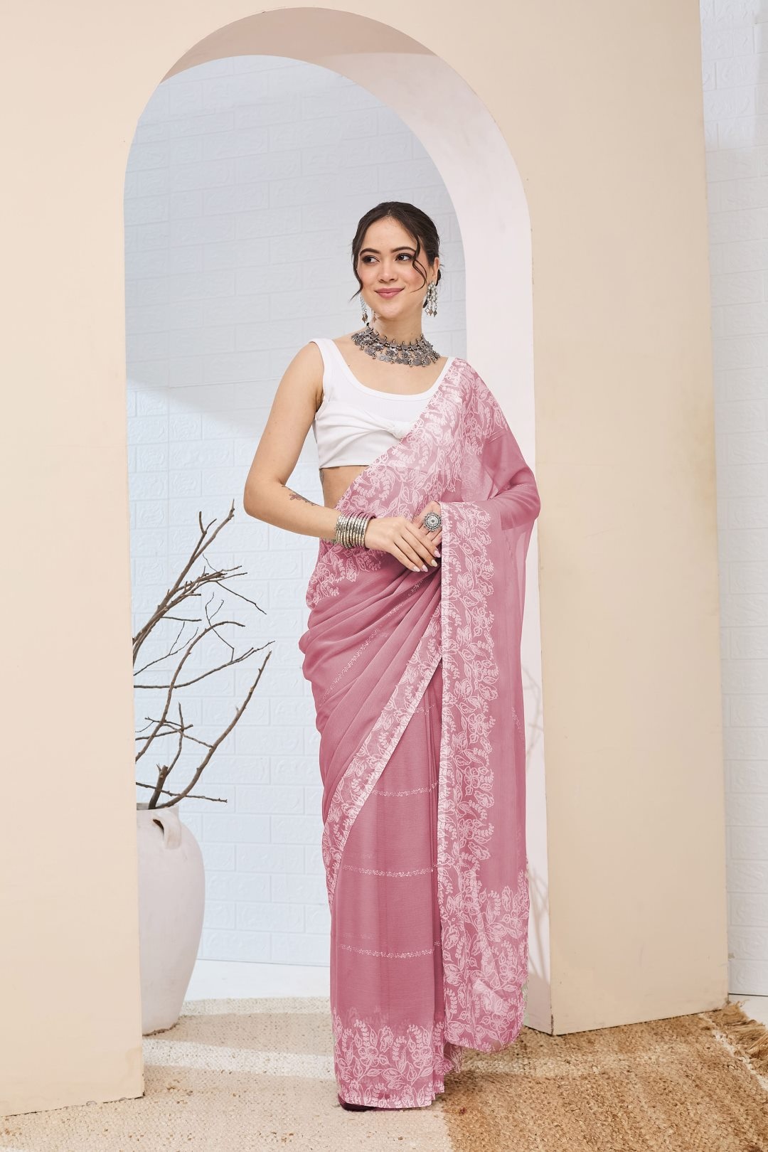 Rose Pink Floral Printed Chiffon Ready To Wear Saree