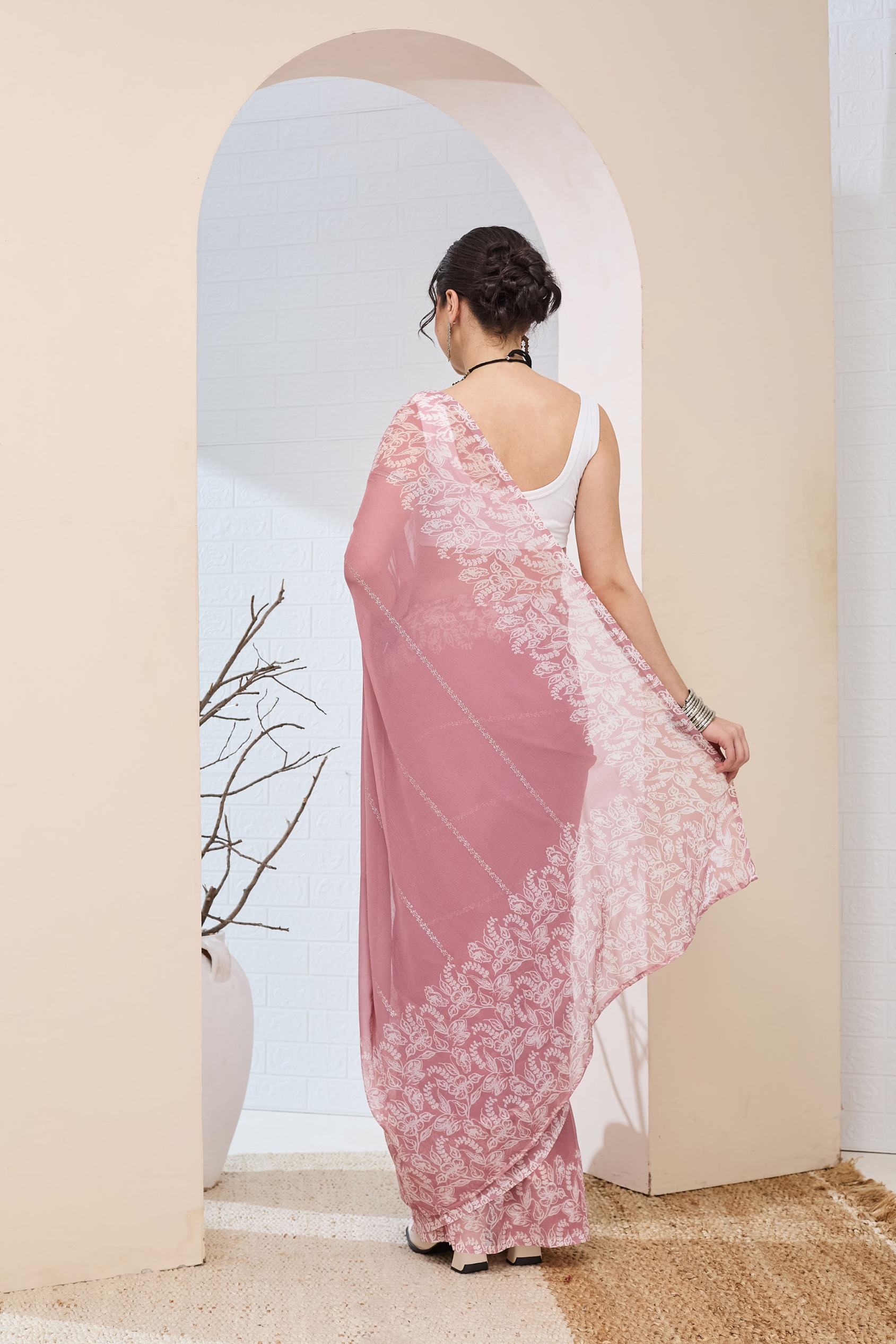 Rose Pink Floral Printed Chiffon Ready To Wear Saree — alternate view