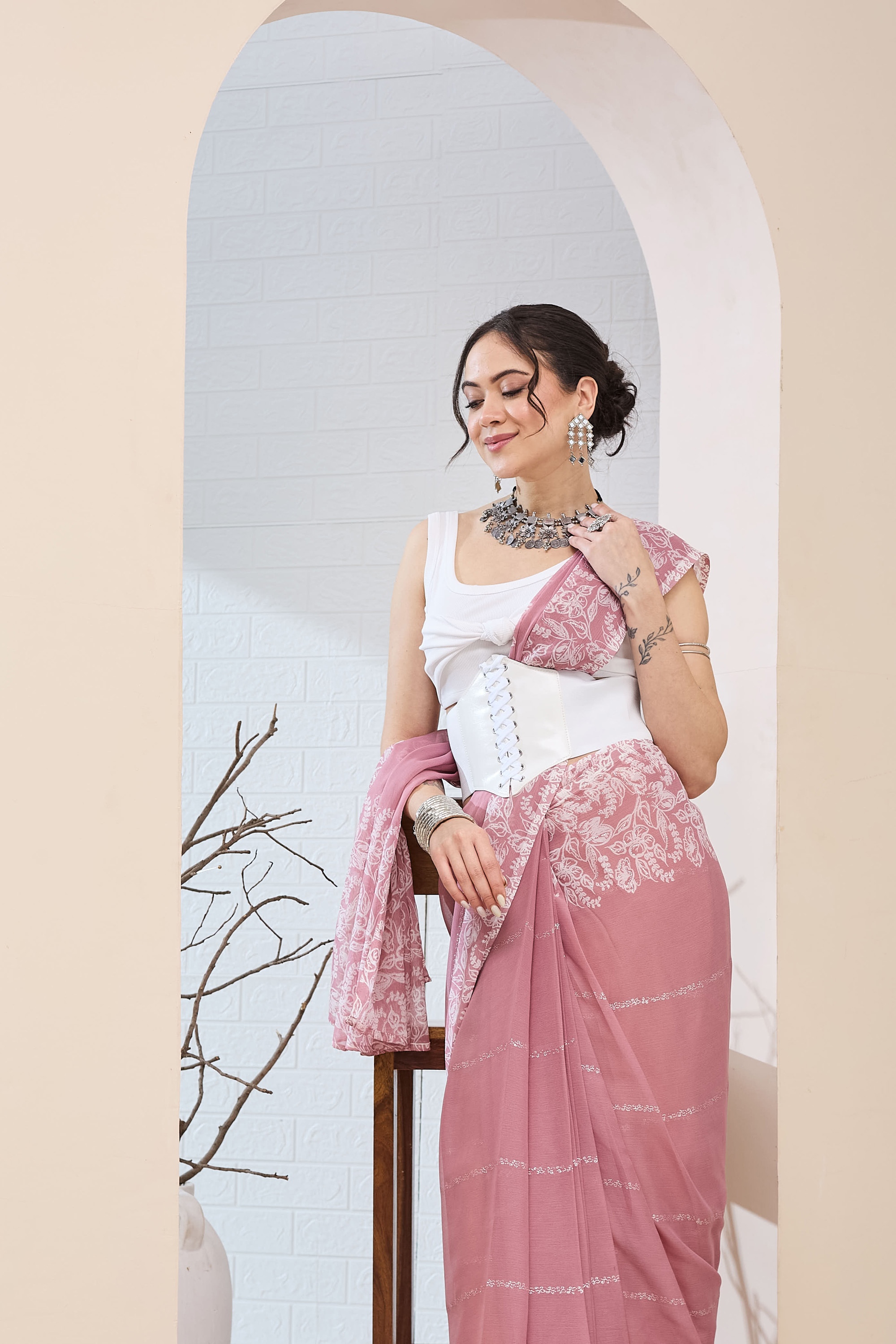 Rose Pink Floral Printed Chiffon Ready To Wear Saree