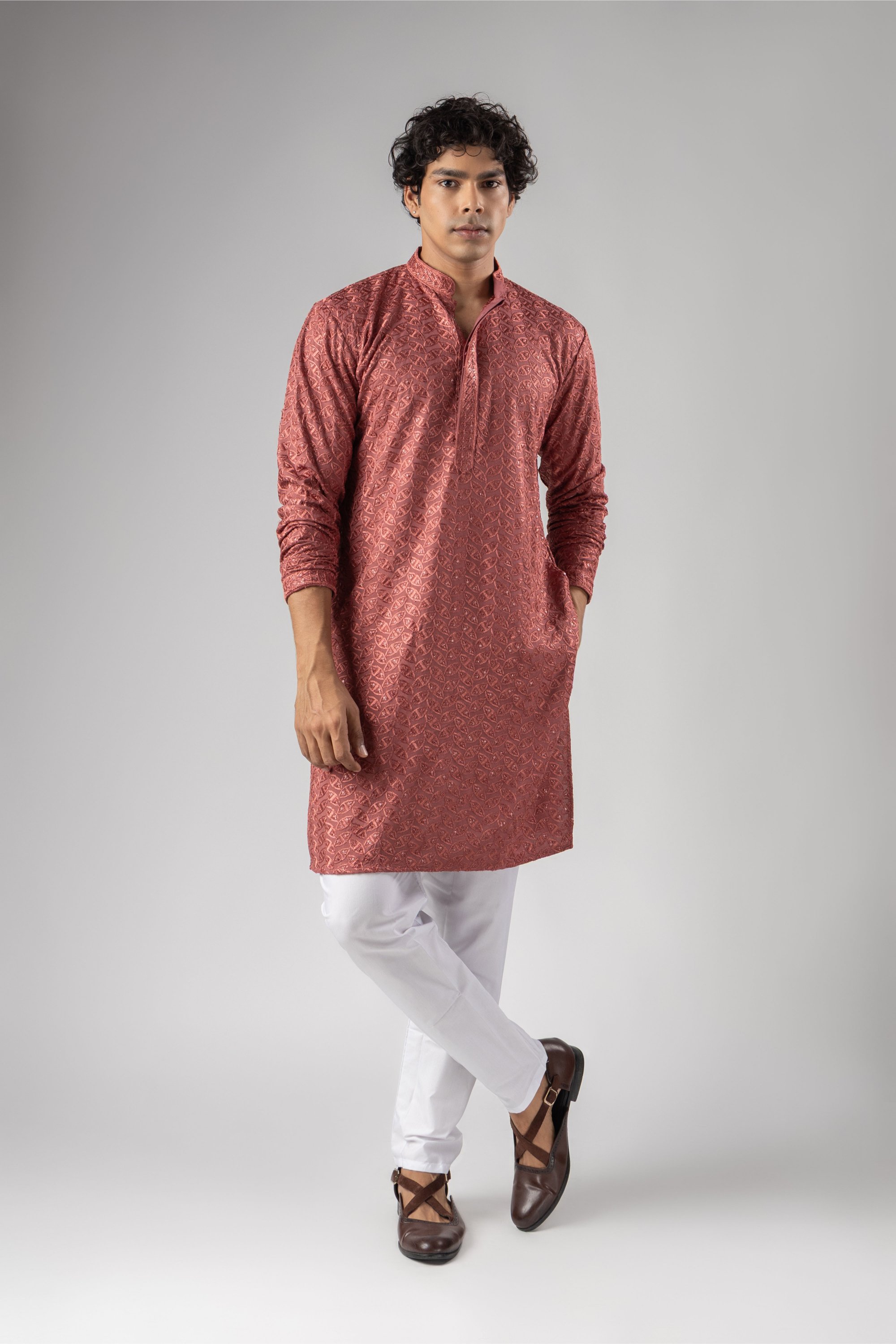 Rose Pink Geometric Embroidery Rayon Kurta Pyjama