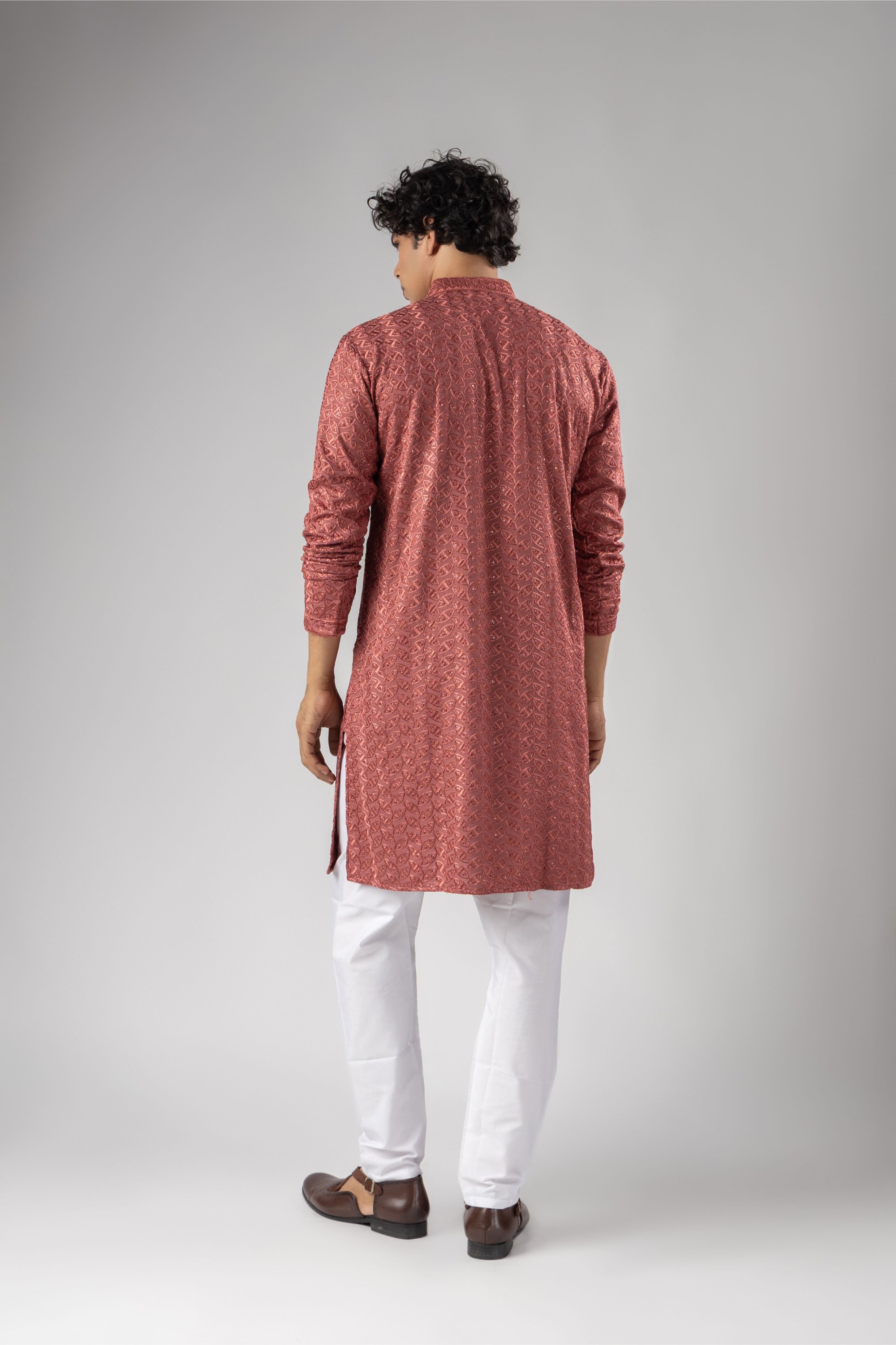 Rose Pink Geometric Embroidery Rayon Kurta Pyjama — alternate view
