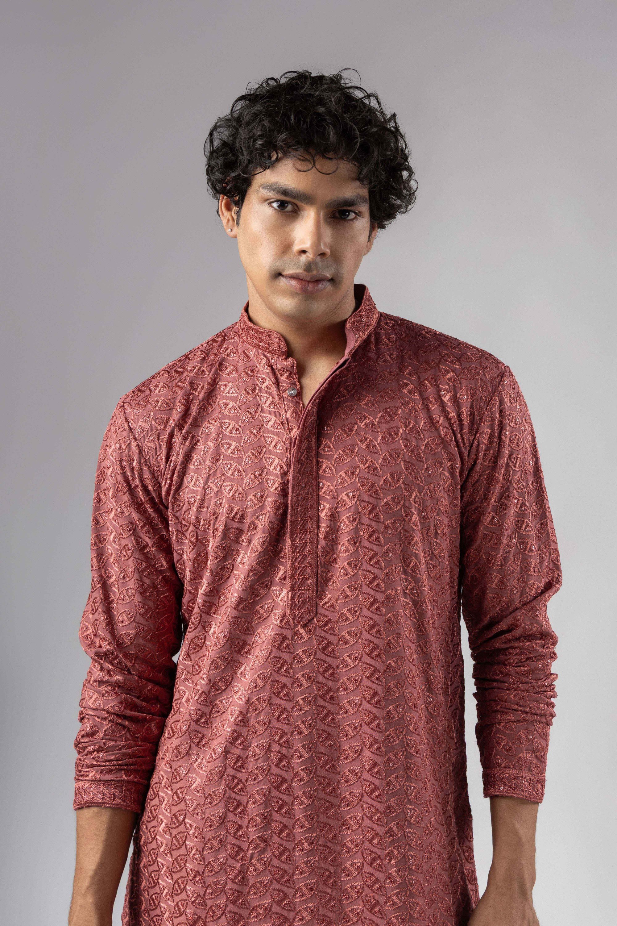 Rose Pink Geometric Embroidery Rayon Kurta Pyjama